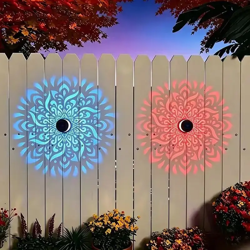 Seven-Color Changing Solar Mandala Projection Wall Light Decorative Solar Mandala Lights Outdoor Lighting Outdoor Waterproof Metal Fence Lights for Yard Garden Post Patio Backyard Decor , Set Ornaments Hangable Decoration
