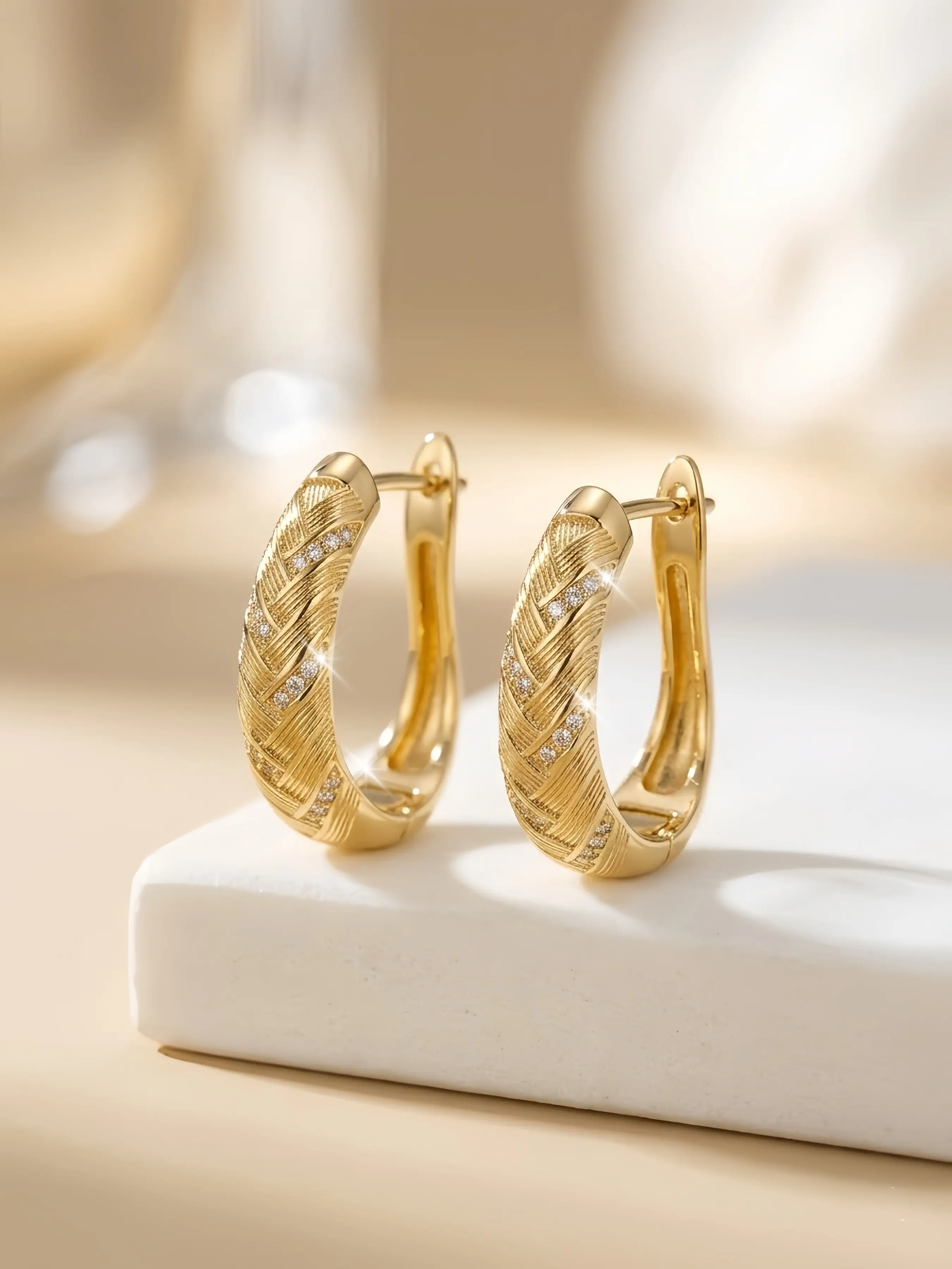 Chunky Gold Tone Hoop Earrings for Women, Textured Engraved Oval Hoops, Pavé Synthetic CZ Accent Earrings, Classic Everyday Jewelry, Gift for Her