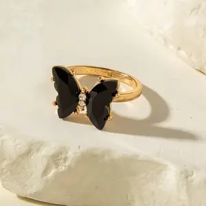 Fashionable Light Luxury Imitation Black Inlaid Butterfly Ring, Irregular Rhinestone Geometric Single Ring, Valentine's Day Date Gift