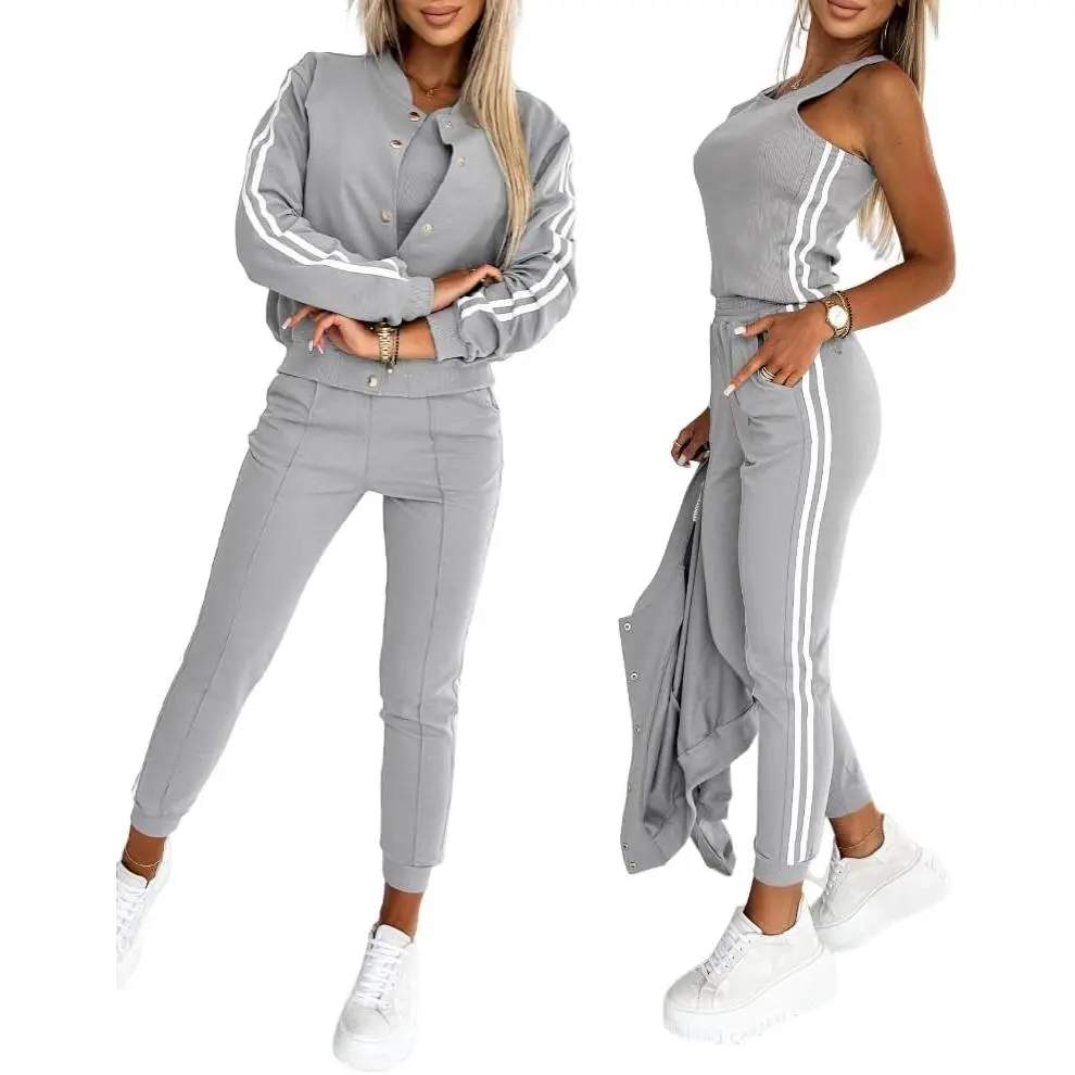 Women's Three Piece Outfits Striped Tape Patch Tank Tops Bomber Jacket with Sporty Pants Tracksuit Lounge Sets