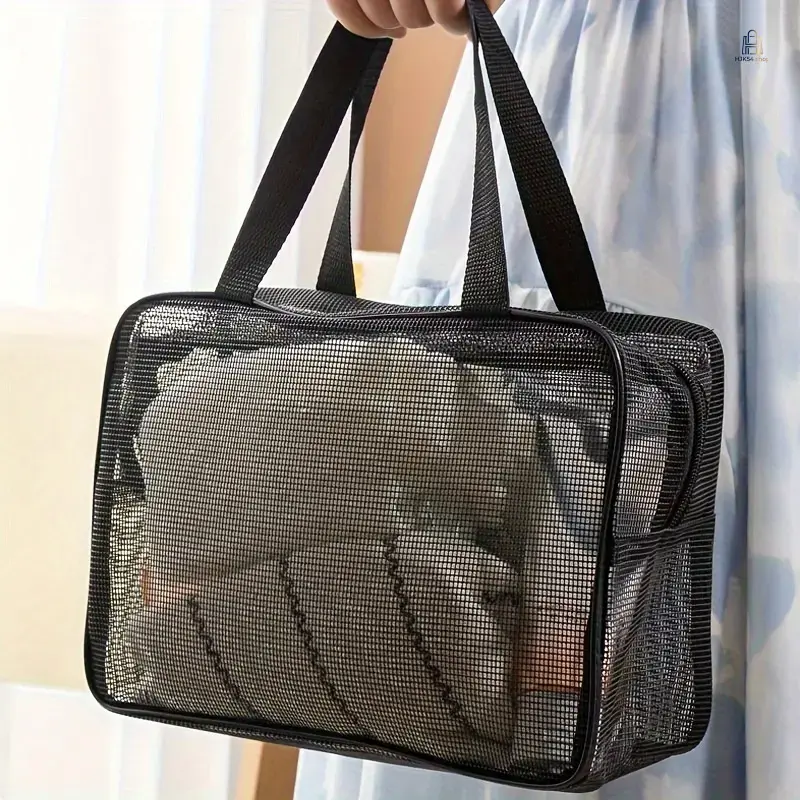 Mesh men's toiletry bag, portable hand-held bath storage bag, black water-draining gym shower bag