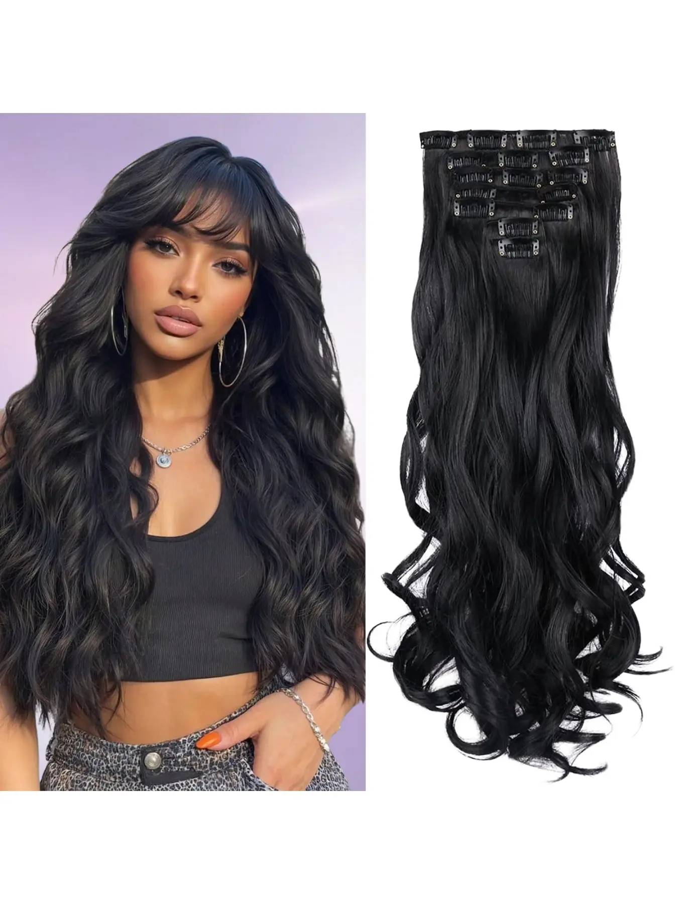 Clip in Hair Extensions Wavy Clip in Black Hair Extensions Daily Use | 7-piece full-head set for instant volume. Natural, soft synthetic texture with secure, invisible clips for easy daily wear