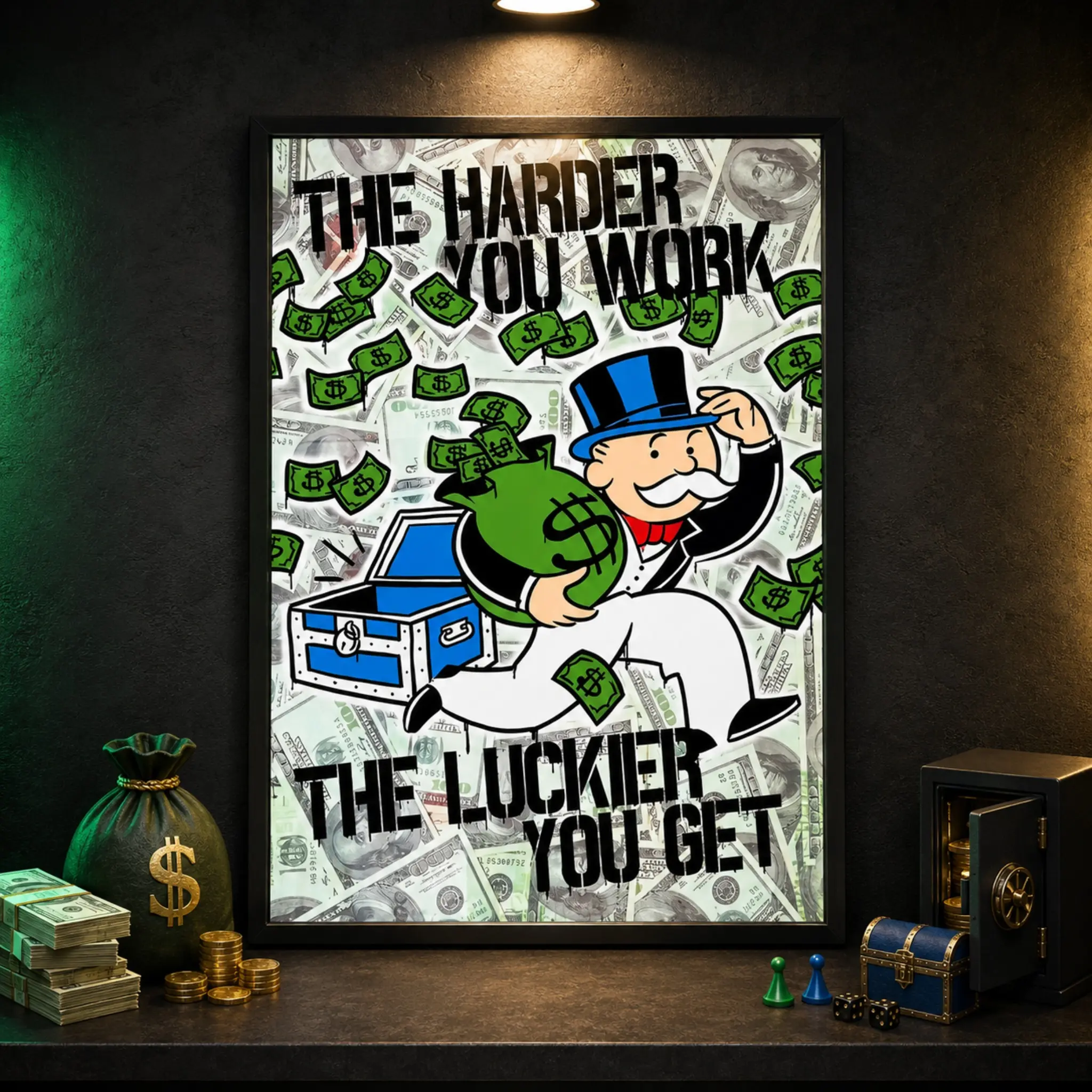 "The Harder You Work The Luckier You Get" Monopoly Money Motivational Canvas Wall Art Print, 1-Piece Multi-Size Entrepreneur Gift, Framed or Unframed Office Bedroom Home Decoration