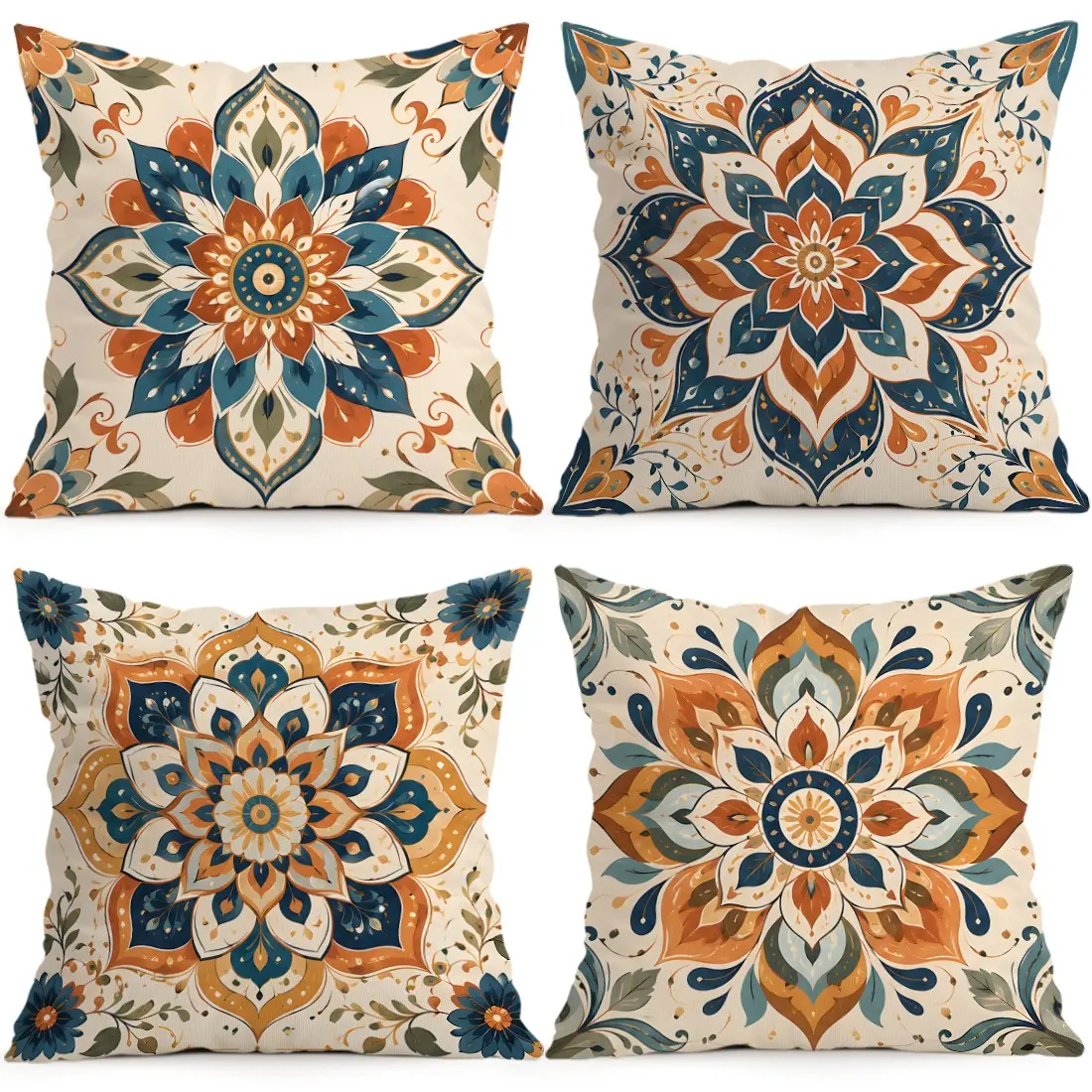 4pcs Vintage Mandala Floral Cushion Covers, Single-Sided Print, Home Decor for Living Room Bedroom, All Season Use, No Insert Included
