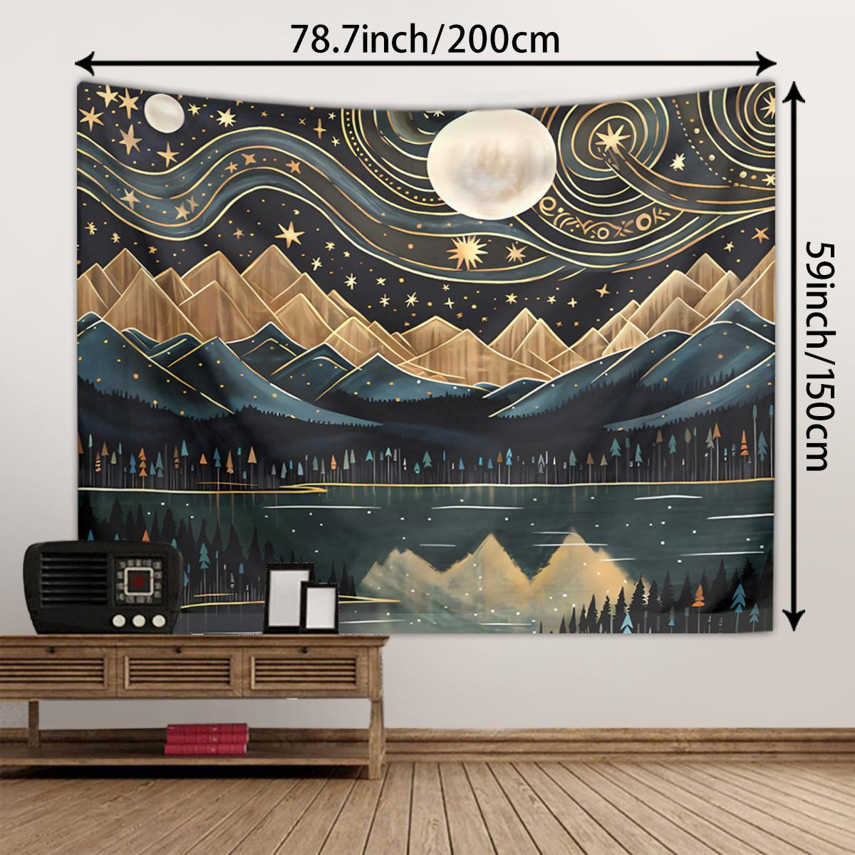 Bohemian Style Mountain & Moon & River & Starry Sky Pattern Tapestry, Creative Wall Hanging Blanket, Wall Art for Home Living Room Bedroom, Vintage Room Decor, Wall Tapestries