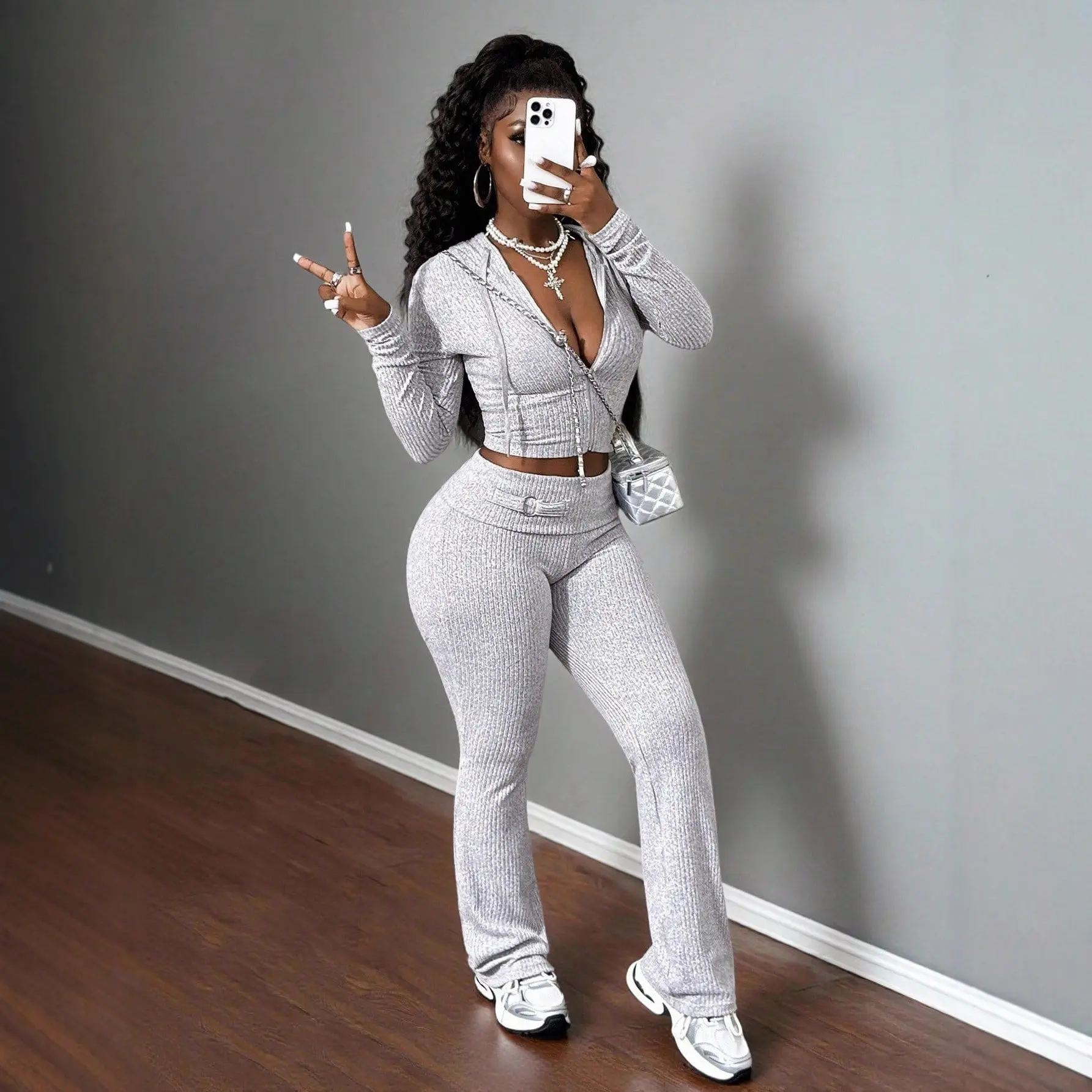 Women 2 Piece Ribbed Tracksuit Set, Cropped Zip Up Hoodie Jacket & High Waist Belted Flare Pants, Slim Fit Casual Streetwear Outfit for Daily Sports
