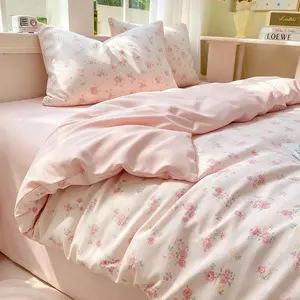 Cherry Blossom Rose Print Bedding Set, French Court Romantic Quilt Cover Four Piece Set, Vintage Garden Style, Floral Bedding Sets, 100% Polyester, Comfortable, Bedroom Elegance