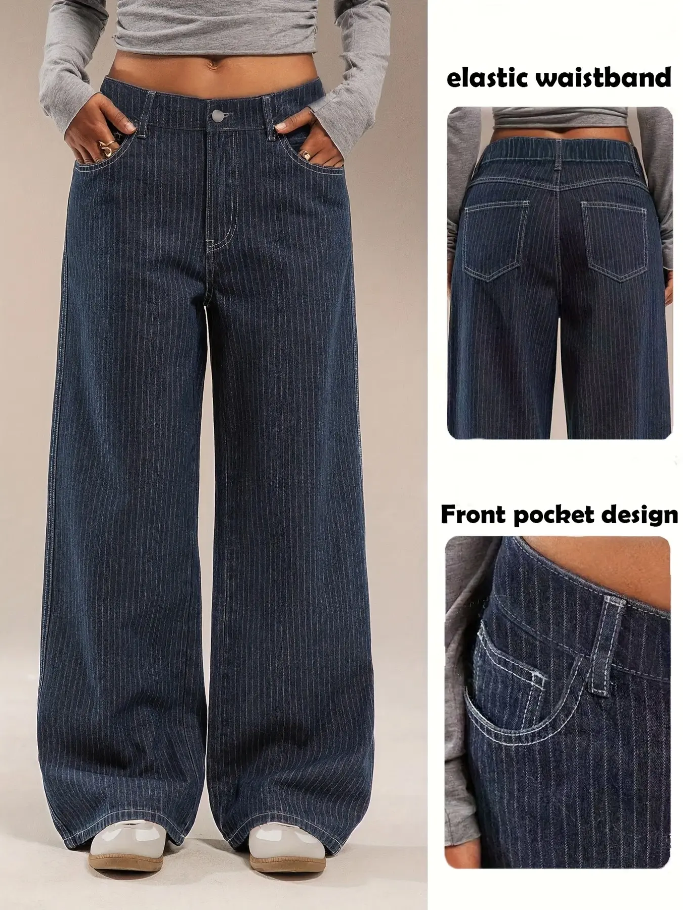 Women's Casual Daily Wear Denim Striped Long Pants, Non-Elastic Waistband, Comfortable and Stylish, Perfect for Everyday Use