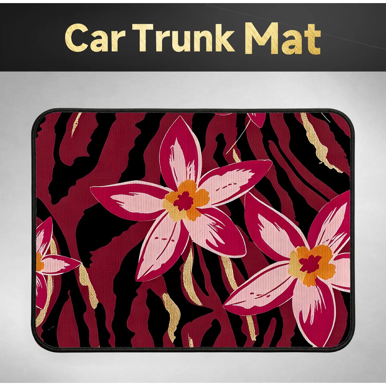 Universal Car Trunk Cargo Mat - Black with Burgundy Tiger Stripes & Plumeria Print, 100x75cm Woven Fabric, Waterproof Wear-Resistant Anti-Slipping Rear Boot Liner, Tropical Flower Interior Decoration for Most Cars SUV Sedan Van