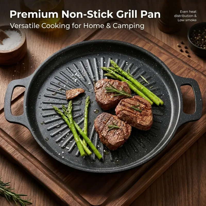 Double Handle Non-Stick Round Grill Pan, Ridged Griddle Skillet for Steak Bacon, Indoor Stovetop & Outdoor Camping BBQ Cooking Pan