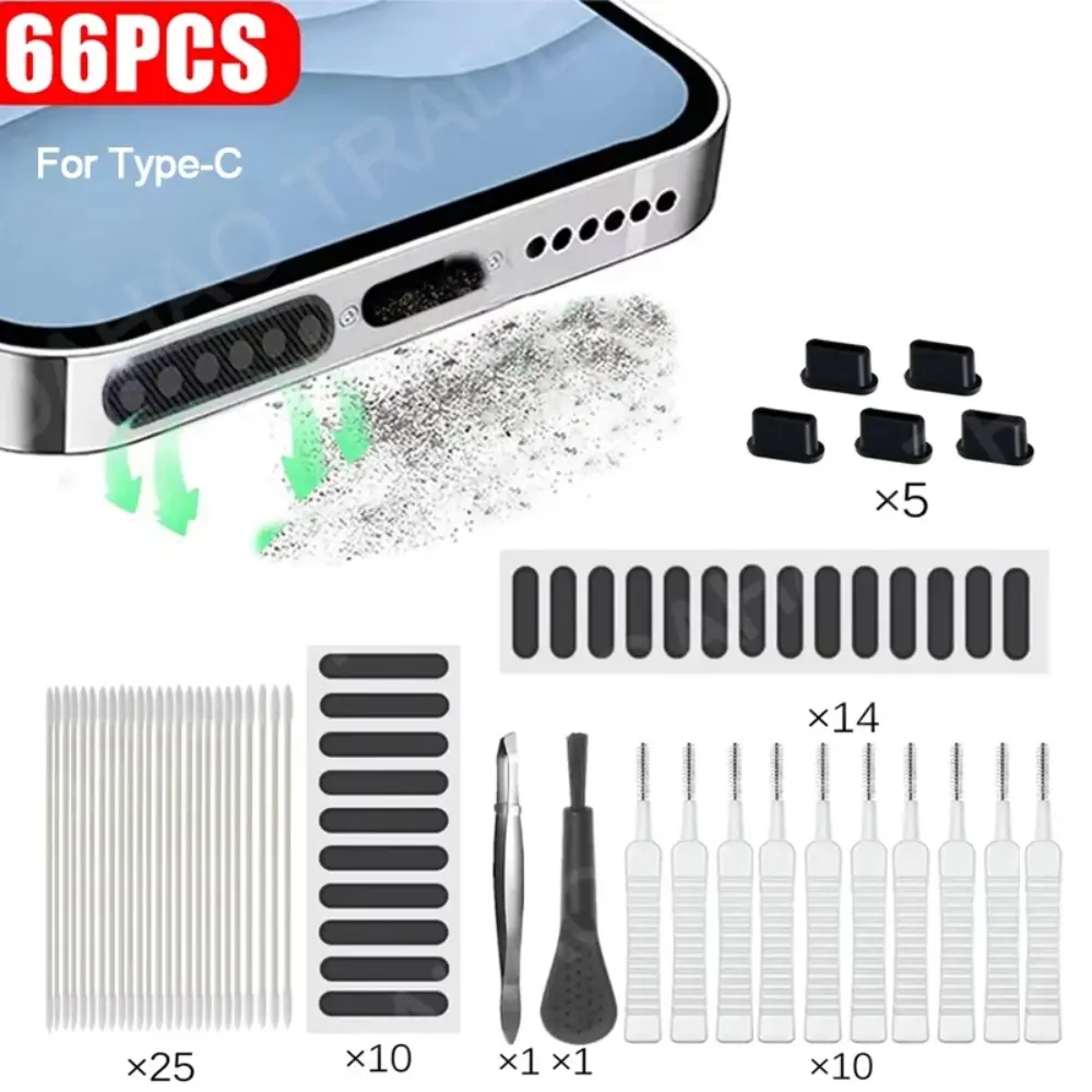 66PCS Mobile Phone Speaker Charging Port Cleaning Set Type C Silicone Dust Plug for USB C Cell Phone and IPhone 16 15 14 Earphones Clean Kit Brush for Samsung Xiaomi