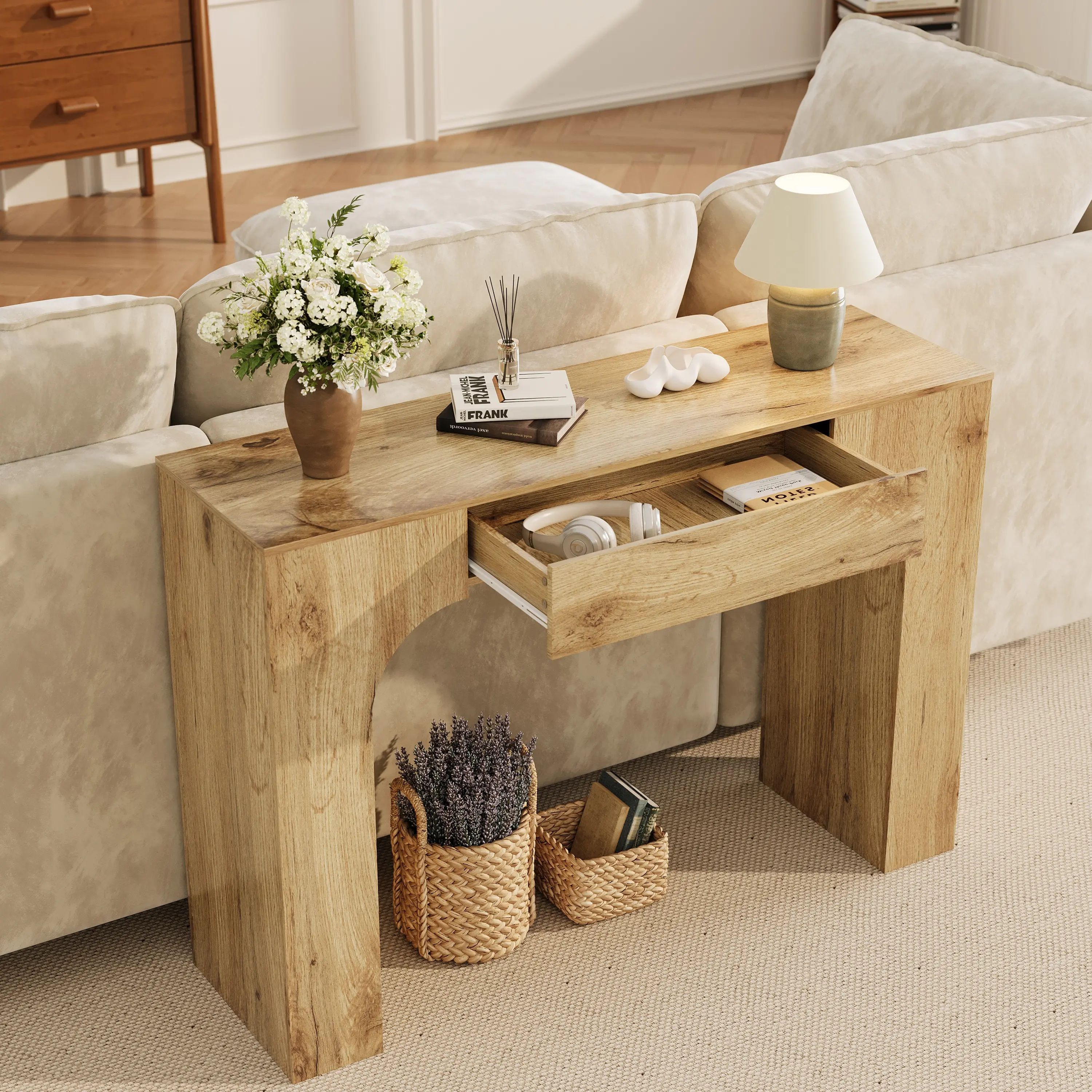 47" Long Console Table with Drawer – Narrow Entryway Table, Oak Color | Wood Rectangular Sofa Table Behind Couch, TV Stand, Farmhouse Entryway Table for Hallway & Living Room