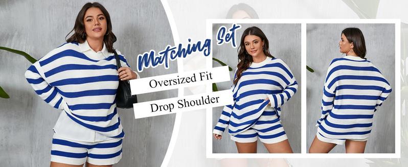 【XL-5XL】Imily Bela Curve Womens Plus Size Lounge Sets Striped Knit 2 Piece Sweater Set Long Sleeve Tops and Shorts Oversized Outfits