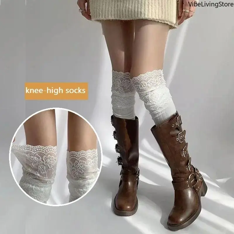 Korean Sexy Lace Thigh High Stockings for Women, Lolita Over The Knee High Socks, Sheer Lace Top Boot Socks for Daily & Cosplay