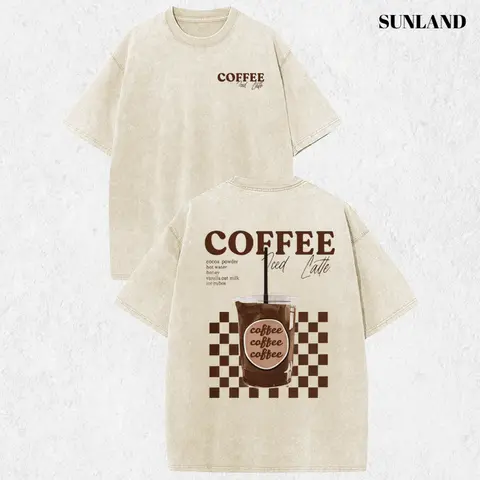 Women's 2026 New Color Vintage Sunland Iced Latte Graphic Tee - Breathable Cotton Keeps You Cool, Double-Sided Checkerboard Print, Retro Coffee Slogan, Round Neck, Loose Fitting, Casual, Acid Wash, Sporty Chic, Valentine's Day Pick for School