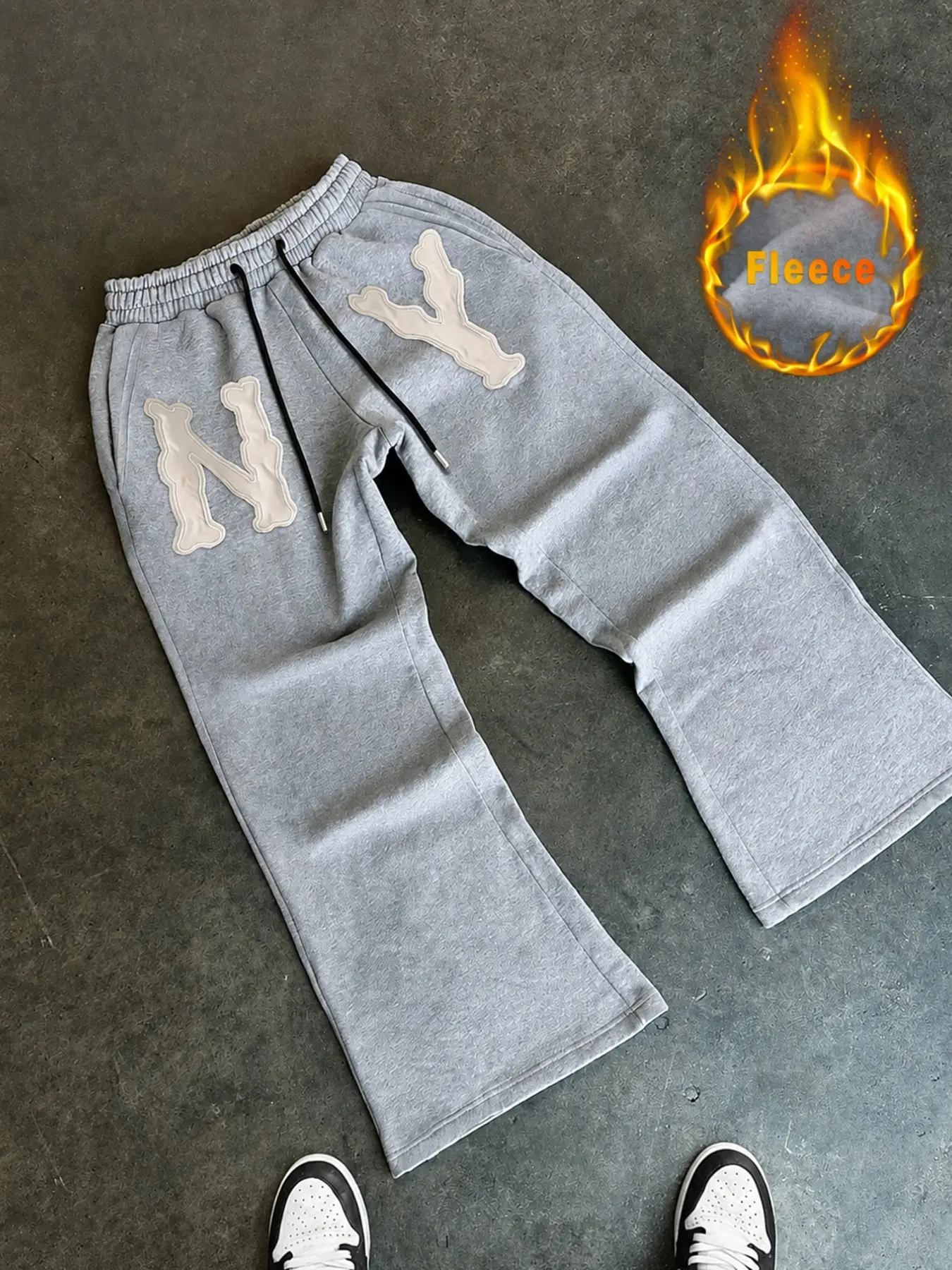 Men's Loose-Fit Wide-Leg Sweatpants, Ny Letter Patch, Drawstring Waist, Side Pockets, Casual Streetwear for Campus, Travel, Daily Wear
