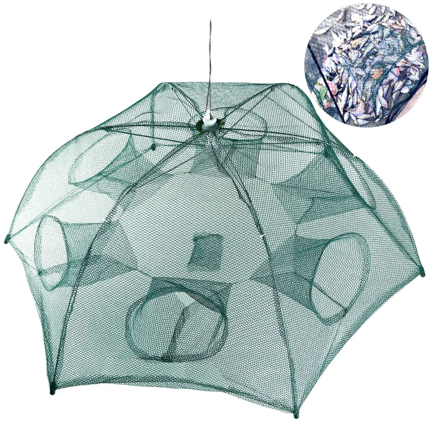 Fishing Bait Trap Net - 6-Sided Foldable Nylon Mesh Netting Shrimp Trap, Auto Open, Lightweight Tackle, Compact Fold, Foldable Size, Multi-Sided Entry for Catching Minnow, Crab