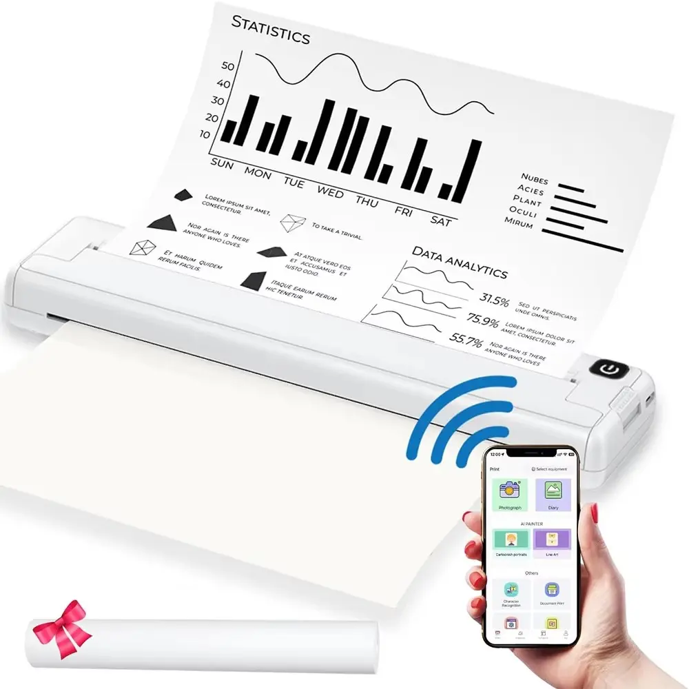 Portable Wireless Printer for Travel, Inkless A4 Thermal Printer, Compact Design, Compatible with Android and iOS Devices
