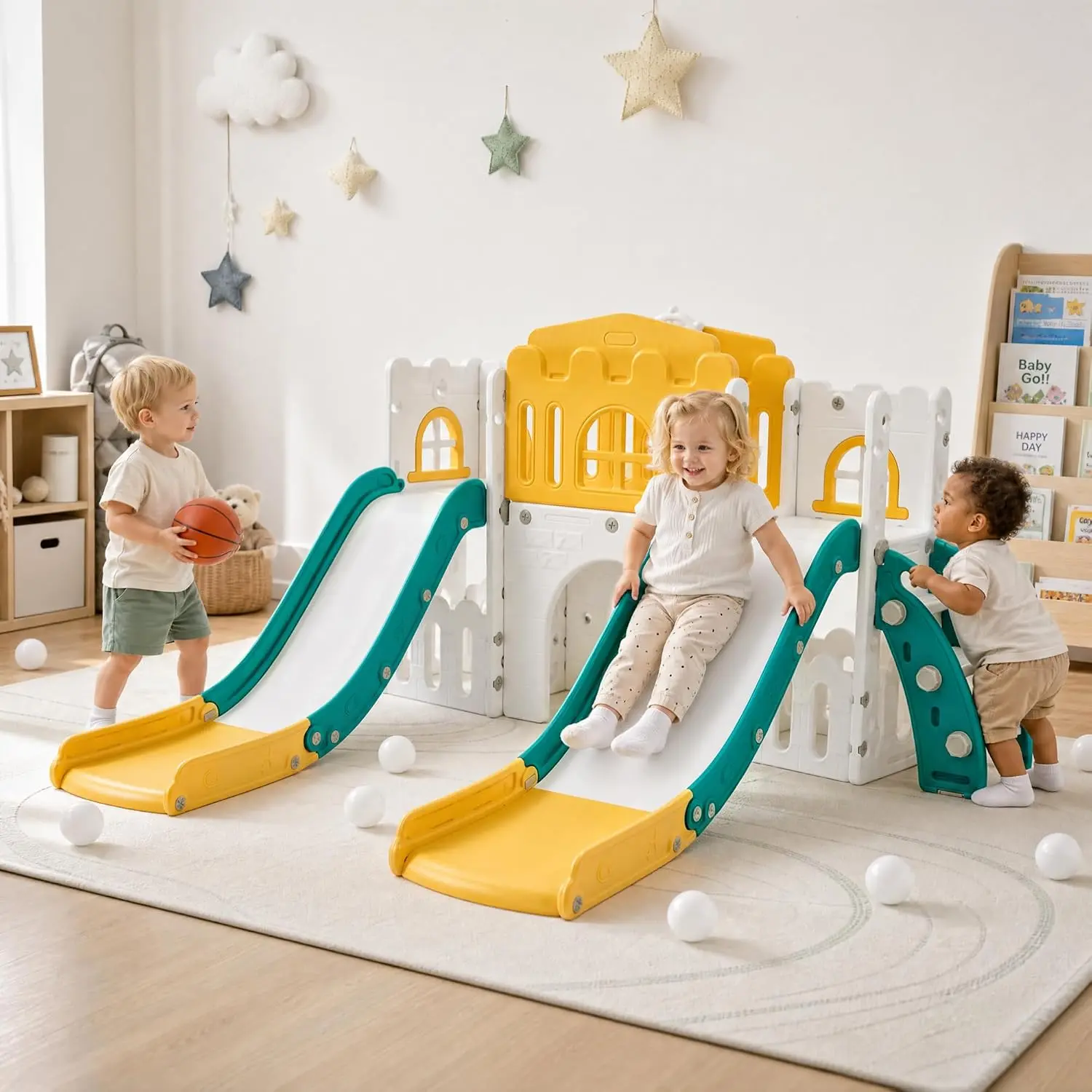 10-in-1 Freestanding Double Toddler Slide, Dual Side-by-Side Kids Slide for Indoor Outdoor Playground, HDPE Sturdy Climber Playset for Children Ages 1-3, Orange Green/Blue Gray/Gray White