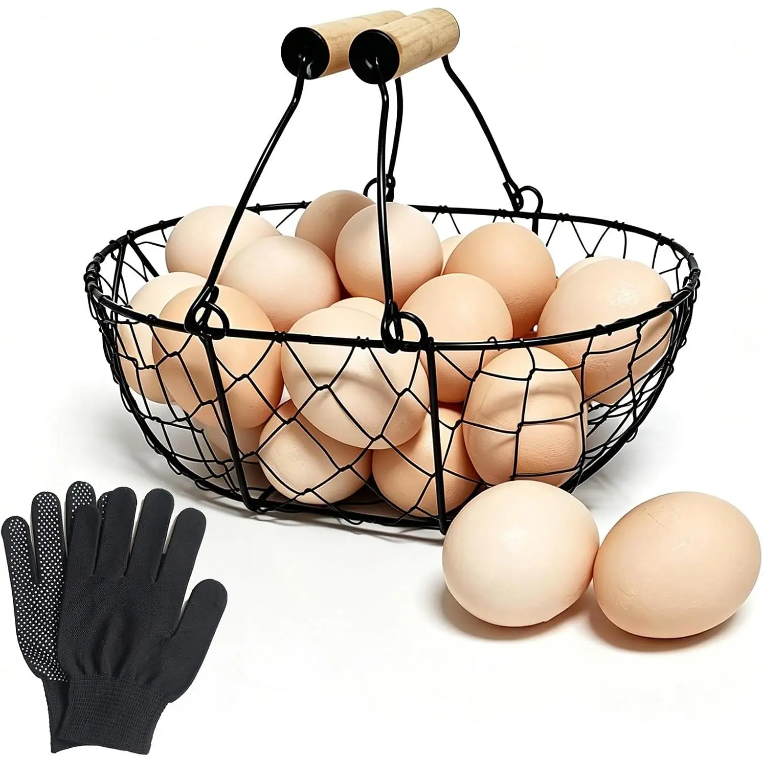 Wire Egg Basket for Gathering Fresh Eggs, Chicken Egg Collecting Basket with Handle, Farmhouse Kitchen Storage