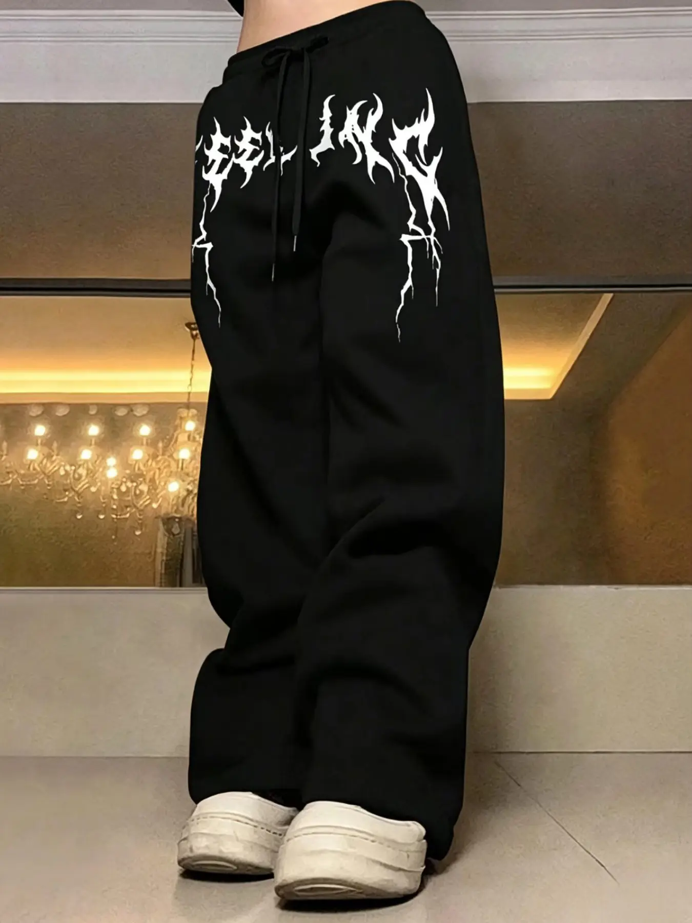 Gothic Lightning Letter Graphic Sweatpants Oversized Wide Leg Drawstring Adjustable Waist Trousers Hip Hop Streetwear Casual Daily Loungewear Trendy Loose Straight Leg Bottoms Graphic Sweatpants