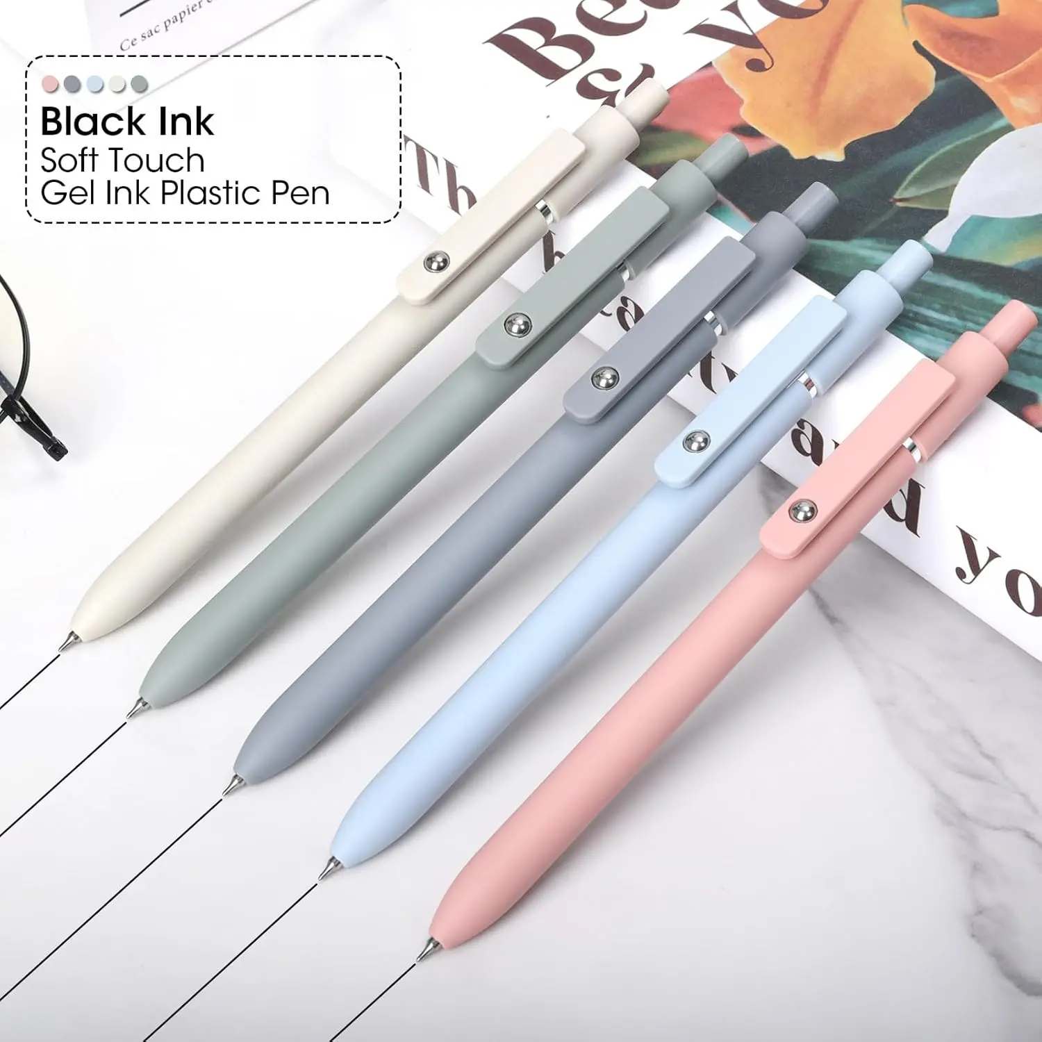 5 Pack Morandi Pastel Retractable Ballpoint Pens, Ballpen Set, 0.5mm Fine Point Quick Dry Black Ink Refillable Ballpoint Pens, Cool Pens for Journaling Note Taking, Minimalist Smooth Writing School Office Back to School Stationery Supplies Gifts