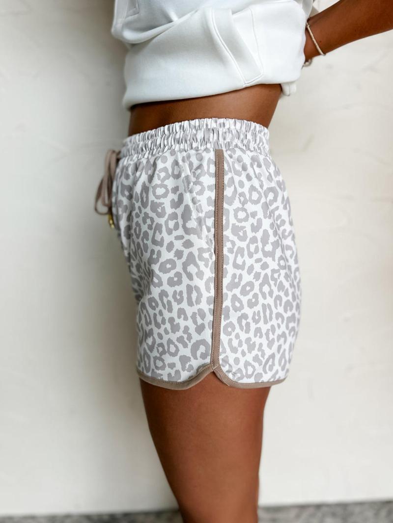 Women's Leopard Print Tie Waist High Rise Shorts, Casual Comfy Elastic Waist Shorts for Daily Wear, Ladies Bottoms for Spring & Fall