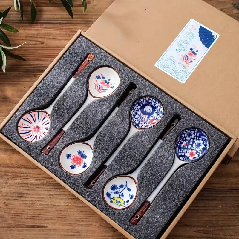 6pcs Creative Ceramic Dessert Spoon Set, Soup Spoon, Milk Spoon, Lamian Noodles Spoon, Reusable Washable Gift Box for New Year Tableware