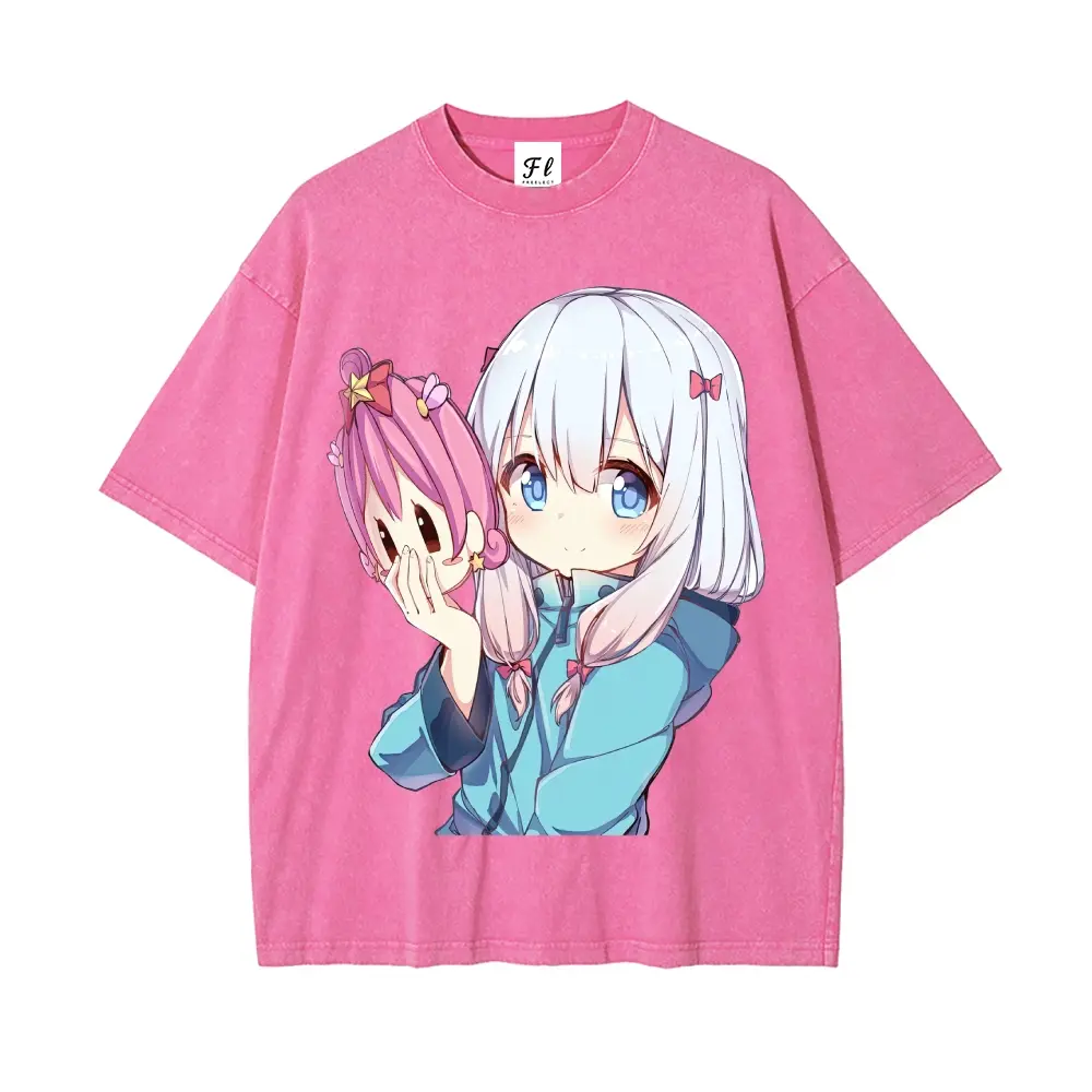 Men Women Vintage Acid Wash Oversized T-Shirt, Multiple Colors Available, Cute Kawaii White Hair Girl Holding Pink Mask Character Anime Graphic Print Loose Fit Cotton Short Sleeve Tee, Retro Distressed Japanese Manga Streetwear Casual Top for Teen Anime F