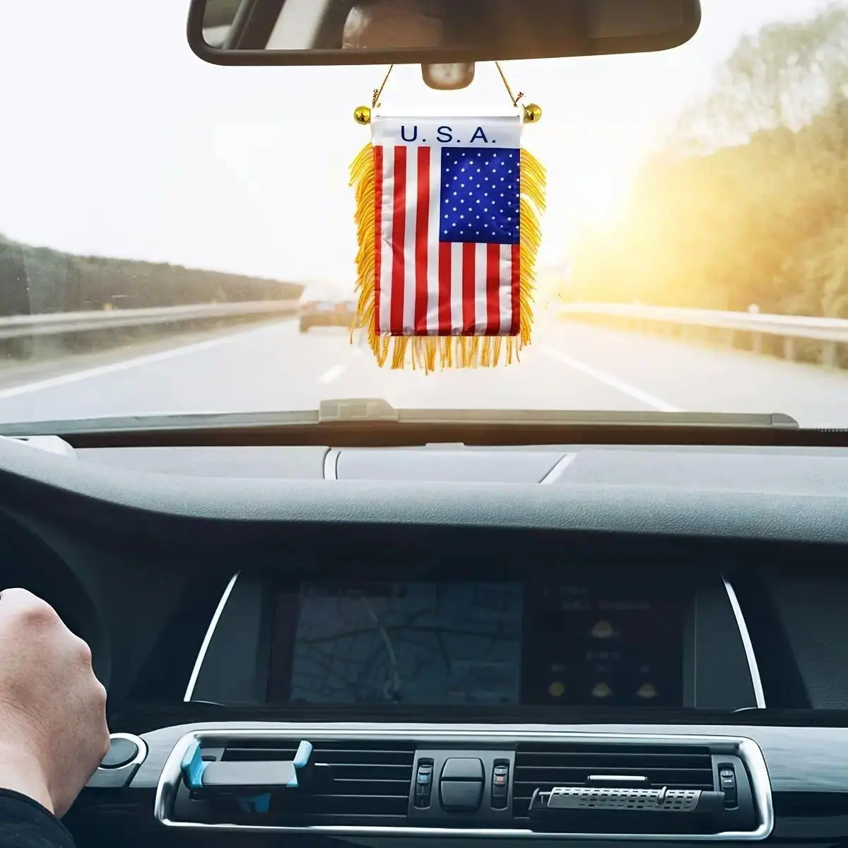 2-Pcs Mini USA Flag Banners, Double-Sided Polyester with Tassel Trim, Suction Cup Car Interior Rearview Mirror Hanging Decorative Racing Accessories
