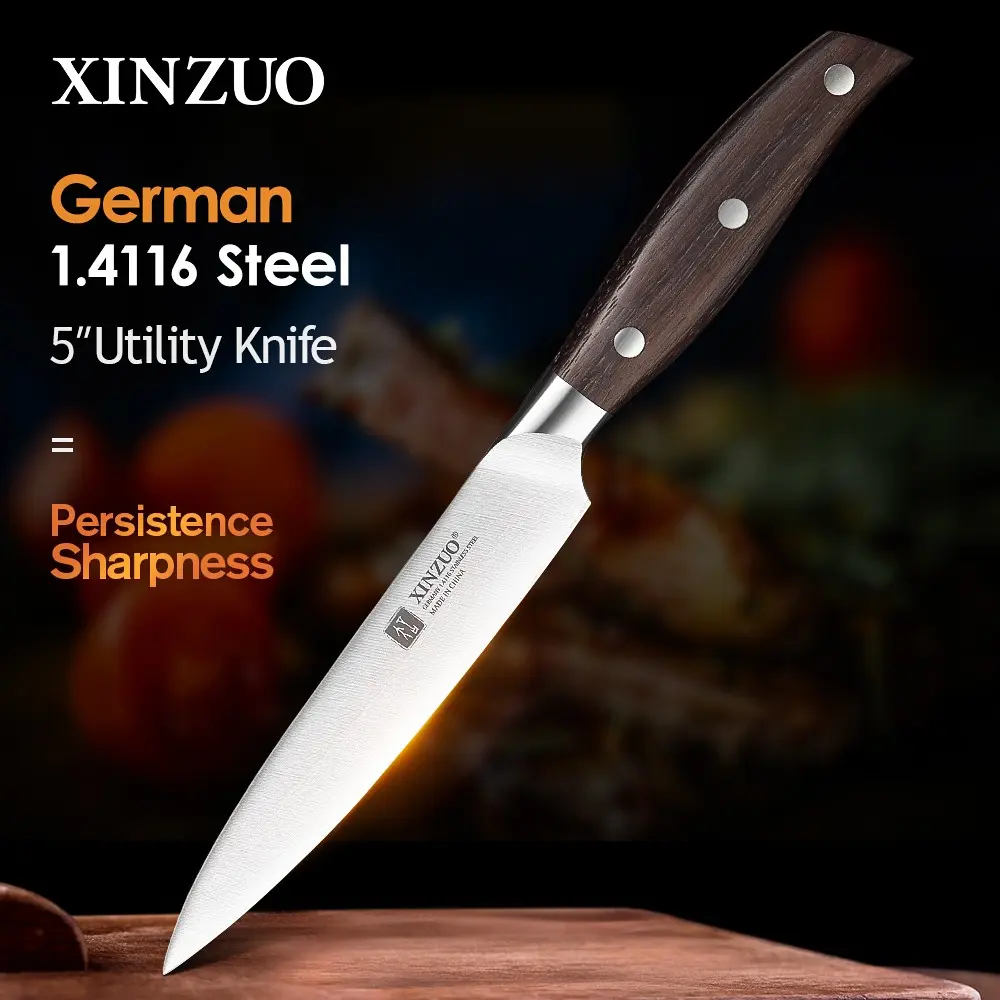 XINZUO Utility Knife. 5-inch compact design. Crafted with German 1.4116 steel, paired with red sandalwood handle. 6.0- 8.0 N cutting force. Comes in a beautiful gift box——Zhi Series