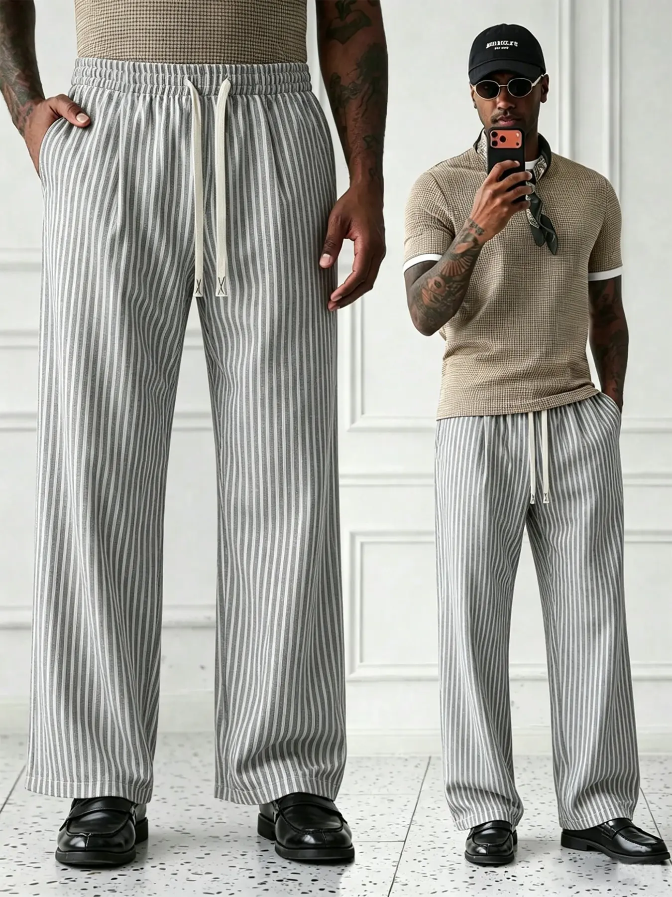 Men's Smart Casual Relaxed Fit Vertical Striped Wide Leg Pants, Loose Fit Trousers With Drawstring Elastic Waist, Suitable For Daily Commute, Office Outfits And Weekend Trips