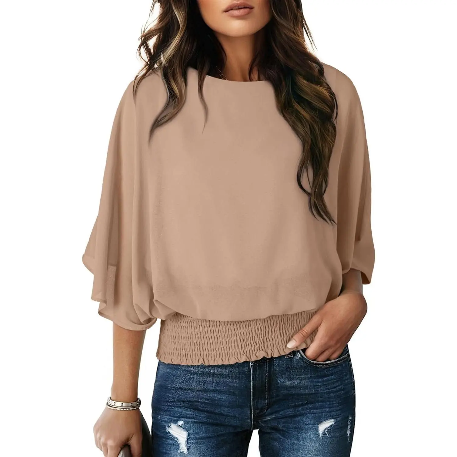 Women's Dressy Casual Boat Neck Flowy Chiffon Blouse Batwing Poncho Top(Gift)