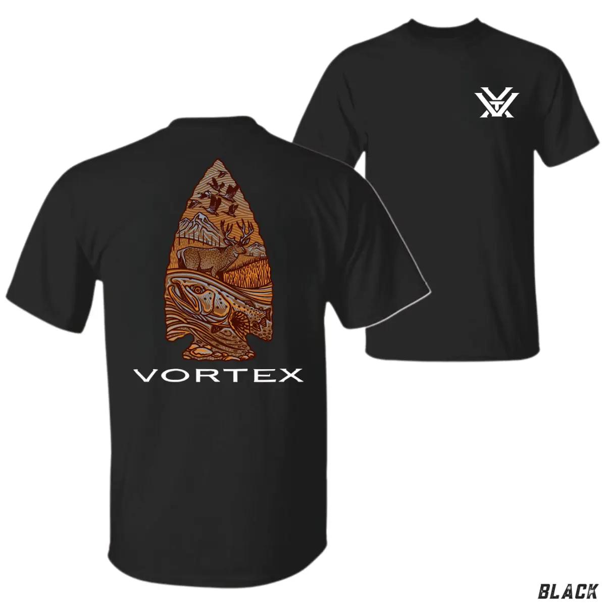 Men's Vortex Arrowhead Short-Sleeve Round Neck Casual T-Shirt - Navy, Standard Sizes, Detailed Outdoor Graphic (Trout, Deer, Ducks, Mountains), Hiking/Light Outdoor Apparel for Hunters