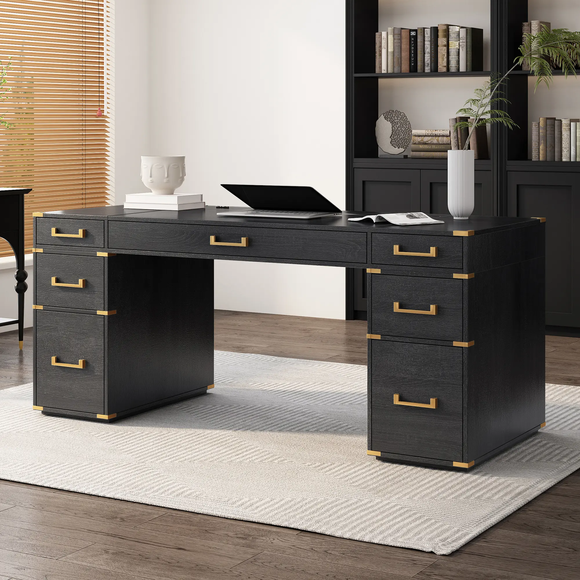 ARCH 70 Inch Extra Large Classic Traditional Executive Desk with Metal Edge Trim, 2 File Drawers, USB Ports and Outlets, Hidden Compartment, Writing Desk for Home Office, Study Room, Living Room, Large Workstation, Brown Wood Finish