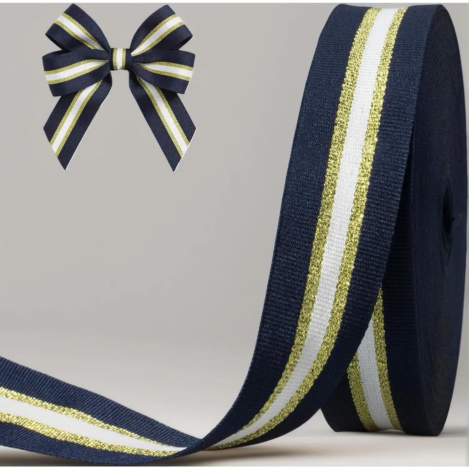 1-Inch Wide 25-Yd Double Faced Polyester Grosgrain Ribbon, Navy/Gold/White, for Gift Wrapping, DIY Crafts Supplies