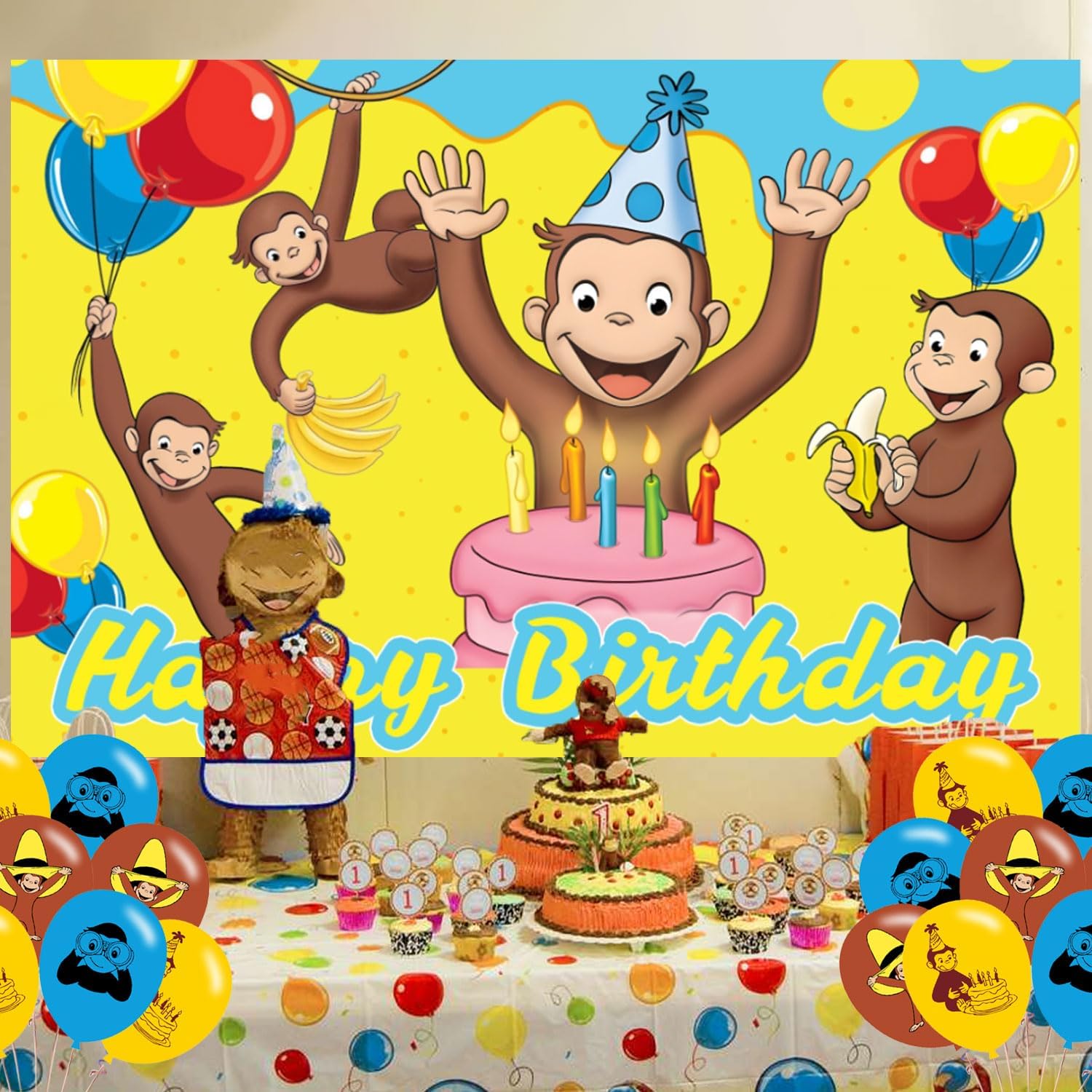 George Monkey Backdrop 5x3 Vinyl Cartoon Monkey Birthday Party Supplies Photography Background Picture Photoshoot Cake Table Decor Banner Shoot Drapes Poster