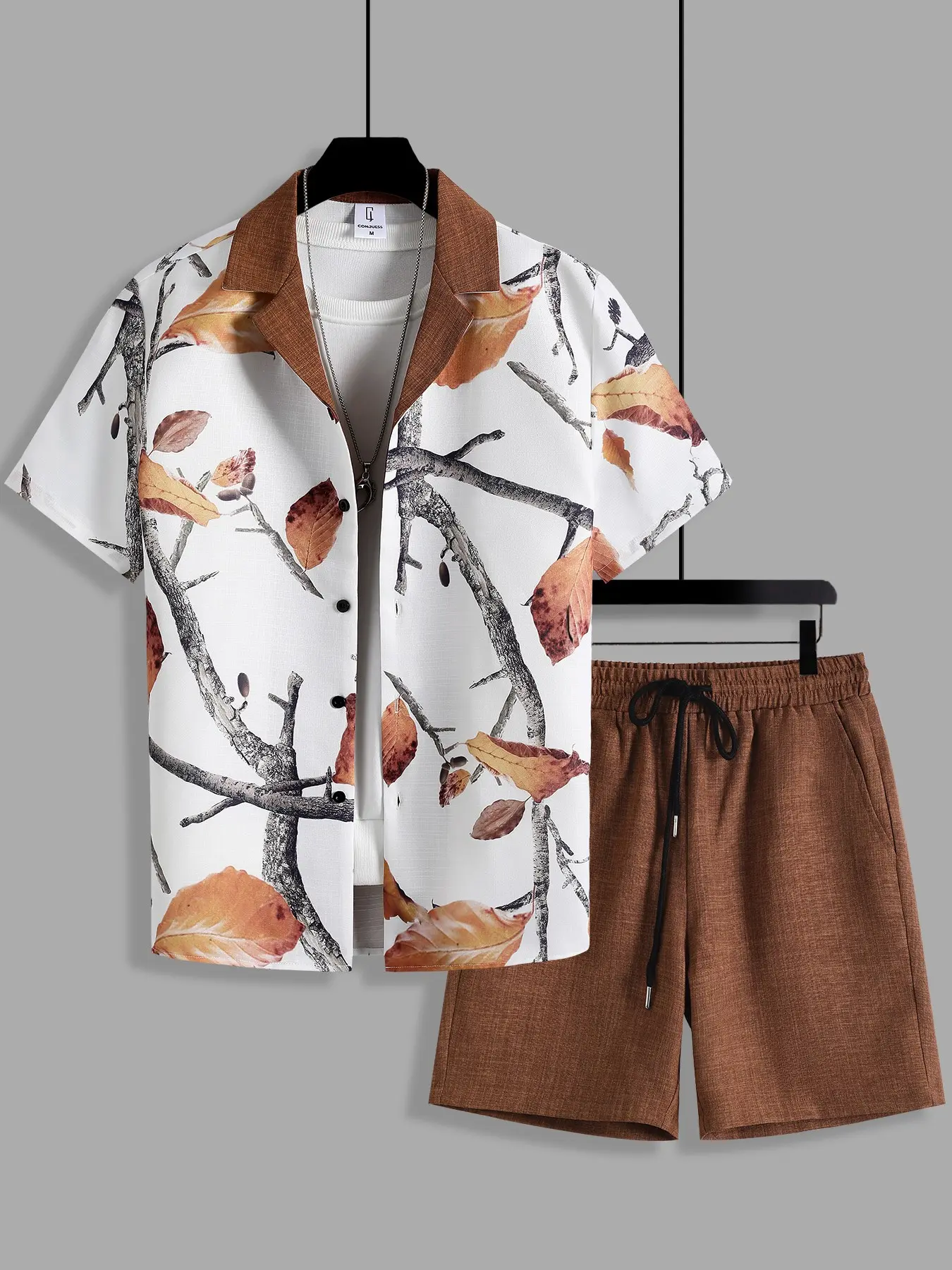 Men 2 Pieces Summer Outfit, White Autumn Leaf & Branch Printed Contrast Cuban Collar Short Sleeve Shirt + Coffee Elastic Drawstring Casual Five-Point Shorts, Lightweight Breathable Linen Texture Fabric Vintage Beach Vacation Daily Streetwear Outfit