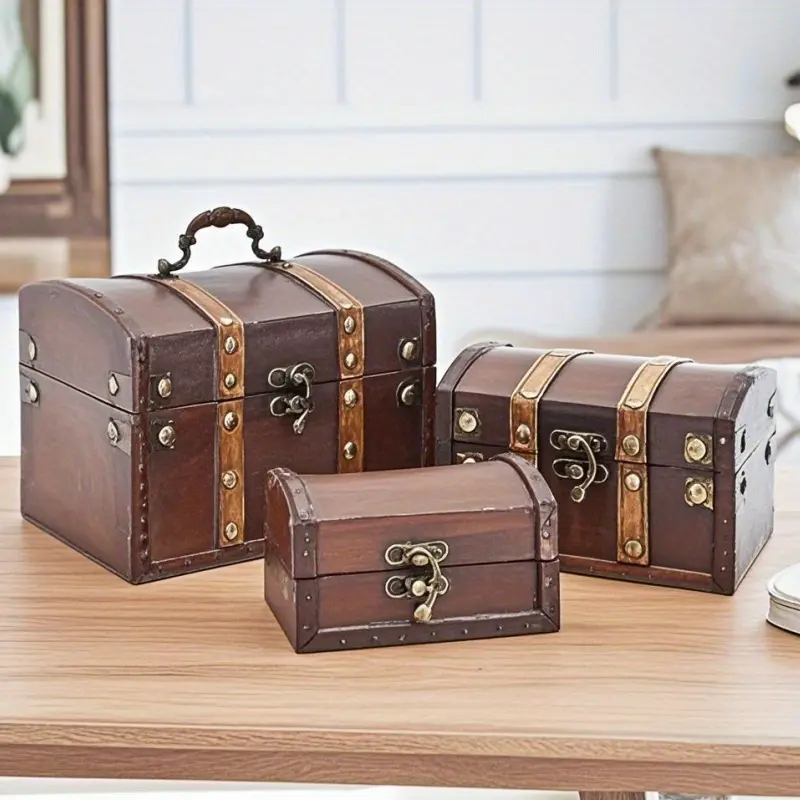 3 pieces of vintage-style wooden jewelry box, handicraft decorative box, pirate treasure chest, home storage box, escape room prop box, gold and diamond cosmetics storage box. Suitable for classrooms, parties, Christmas gifts.