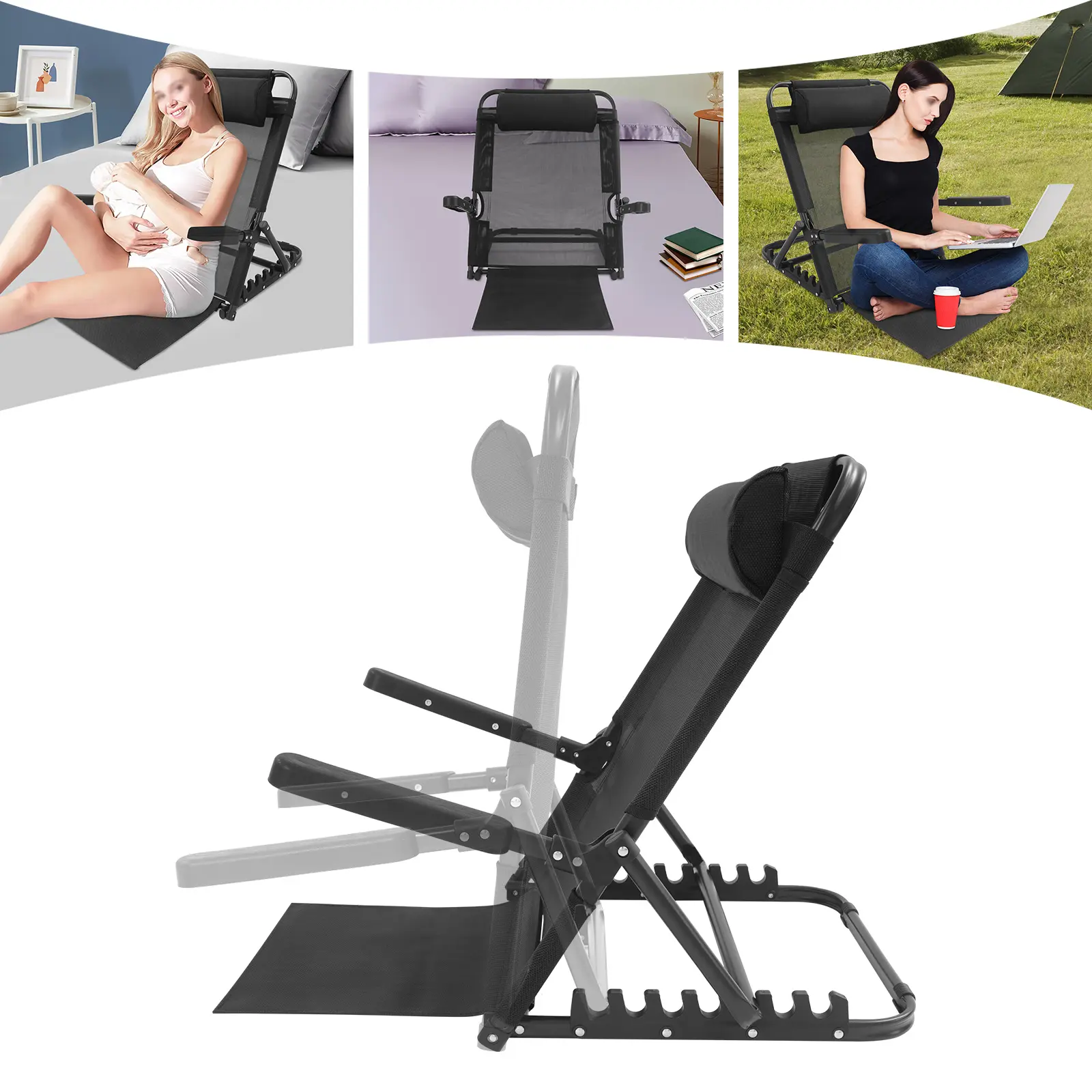 8-Angle Adjustable Free-Standing Bed Backrest with 70x52cm Size, Steel Frame, 150kg Capacity, Laptop-Friendly Design for Home, Hospital Use