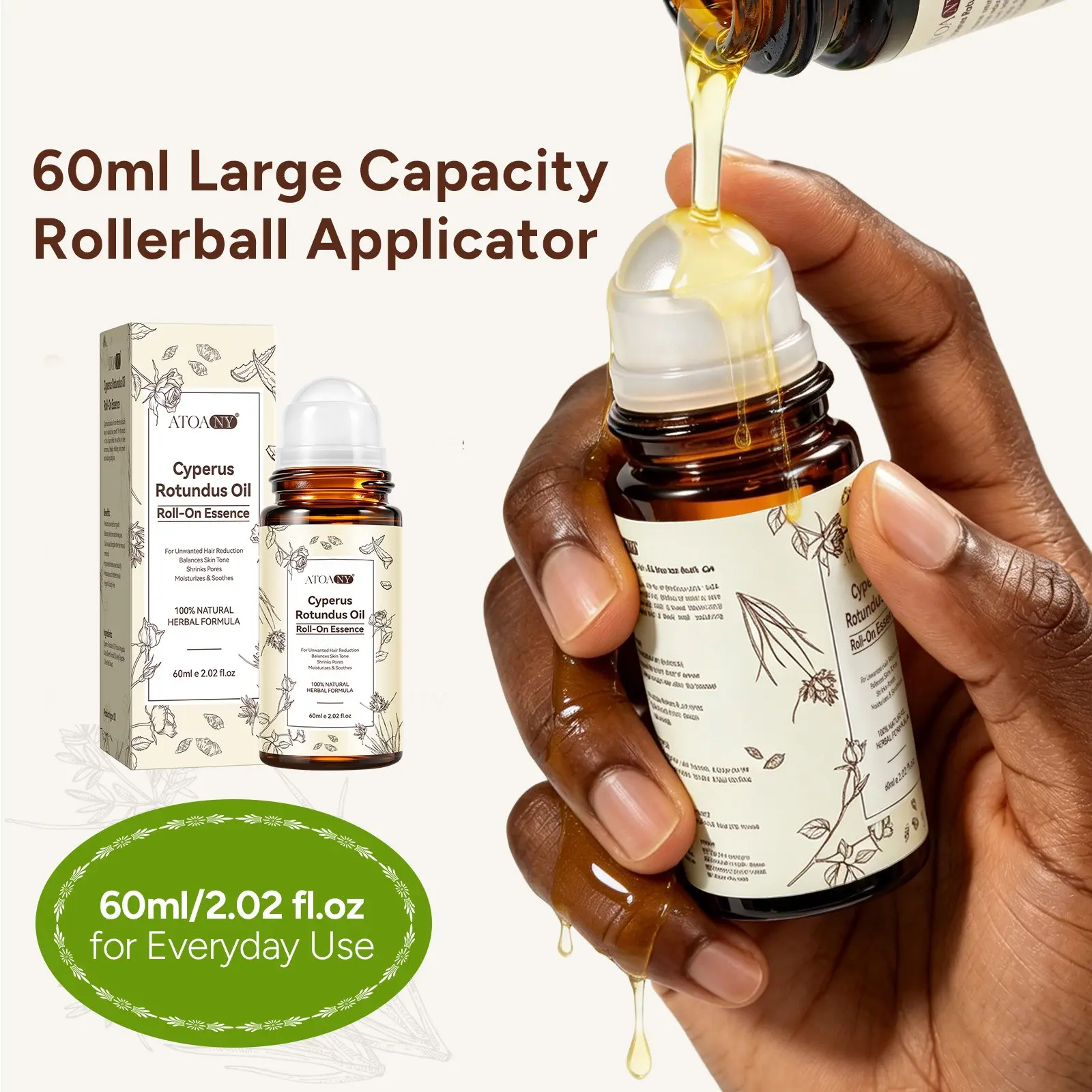 Cyperus Rotundus Roll On Oil 60ml Natural Herbal Formula. For Unwanted Hair Removal, Shrinks Pores, Moisturizes & Soothes Skin, Roll-On Design for Easy, Mess-Free Application. Use Alongside Shaving, Waxing, or Other Hair Removal Methods