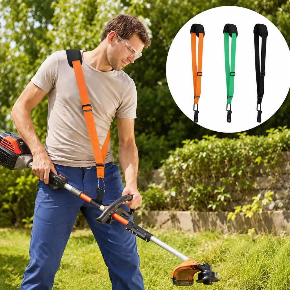 Universal Adjustable Trimmer Shoulder Strap with Breathable Padded Shoulder Pad, Heavy Duty Metal Hook Harness for String Trimmer, Brush Cutter, Grass Trimmer And Lawn Care Garden Power Tools, Orange Black Green Options