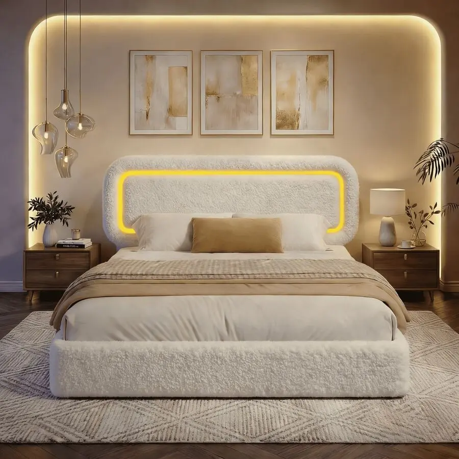 White Boucle Cloud Bed Frame with Headboard - LED RGB Lights, Curved Edges, Anti-Collision Soft Platform, 880lb Capacity, Easy Assembly, Bedroom Bedframe