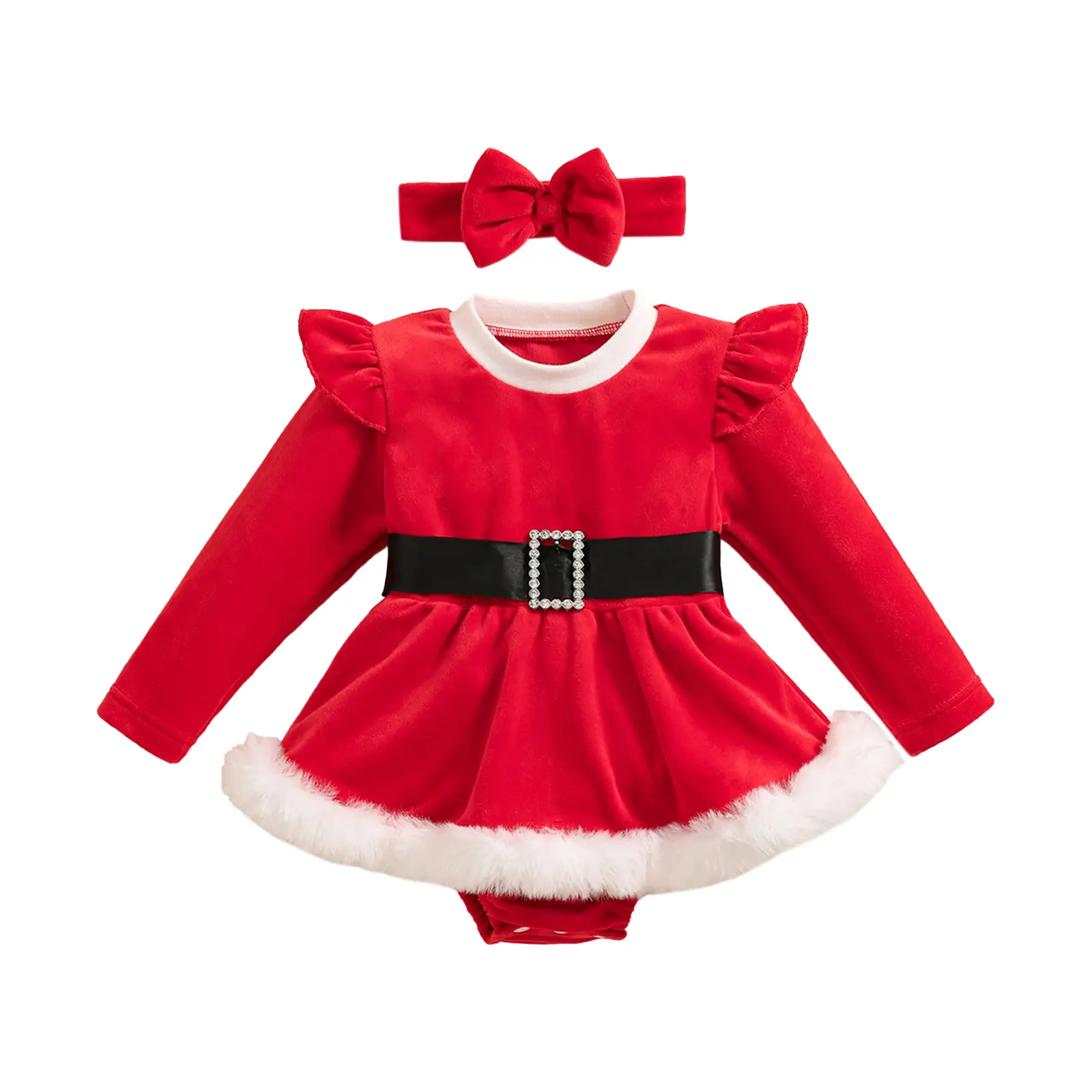 Baby Girls Christmas Romper Dress Long Sleeve O Neck Santa Claus Romper with Headband