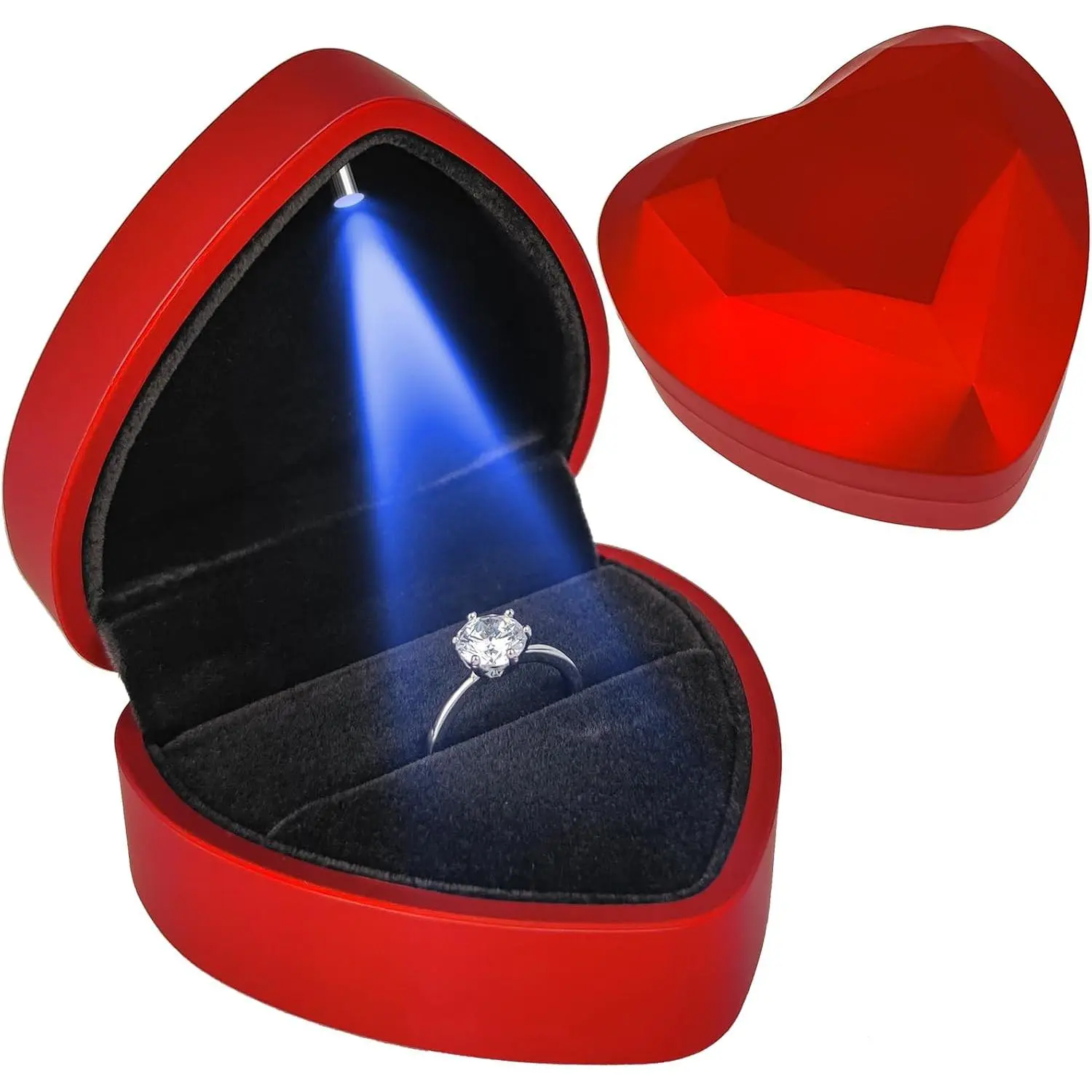 Heart Ring Box with LED Light, Luxury LED Lighted Engagement Ring Box,  Earrings  Case with Light,  Display Box for Wedding, Engagement, Proposal and Anniversary- Sky Black