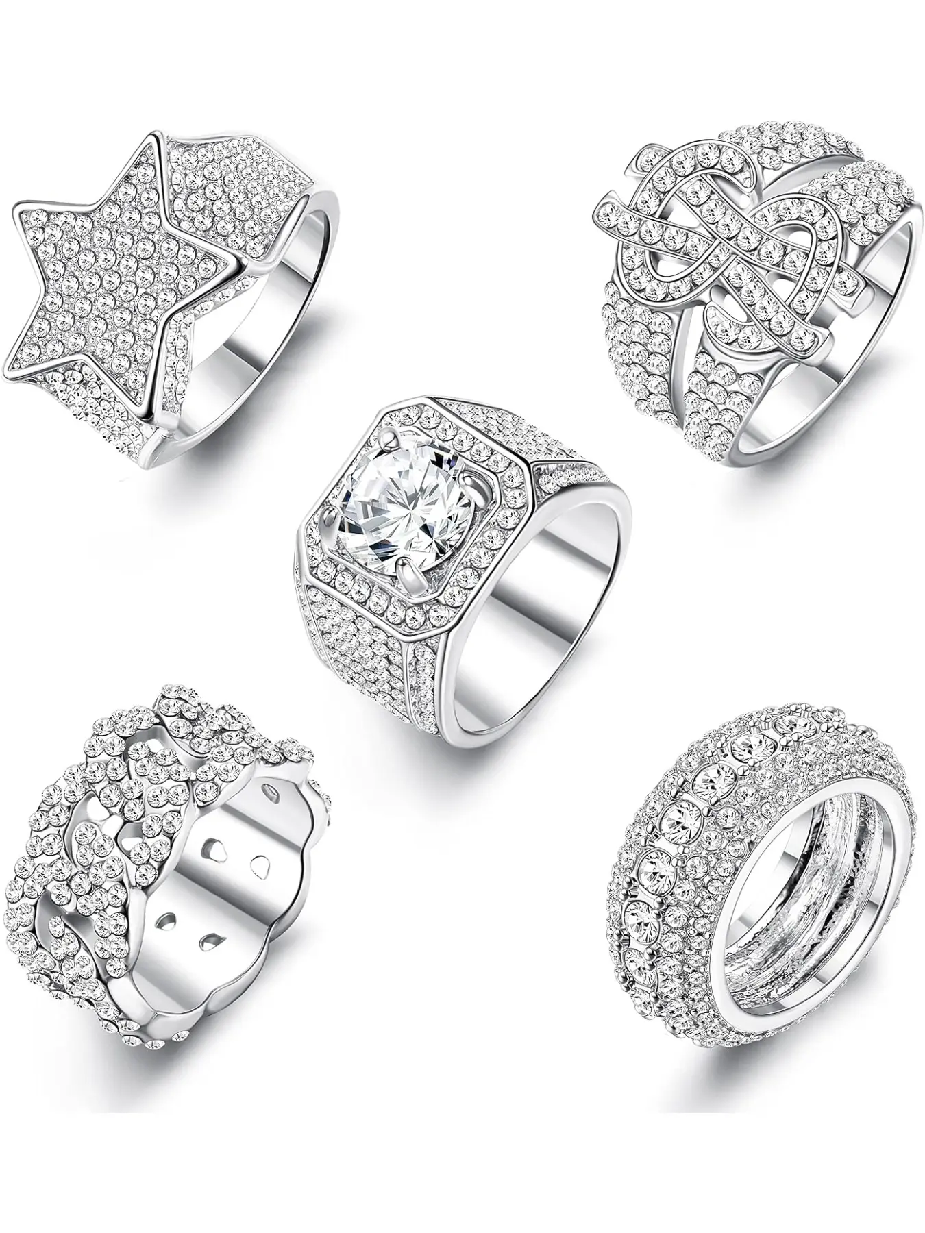 Iced Out Rings for Men Bling Fake Diamond Costume Pinky Rings Chunky Gold Silver 80s 90s Hip Hop Rings Star Cuban Chain Square US Dollar Sign Rapper Ring Fashion Cosplay Man Jewelry Ring Set
