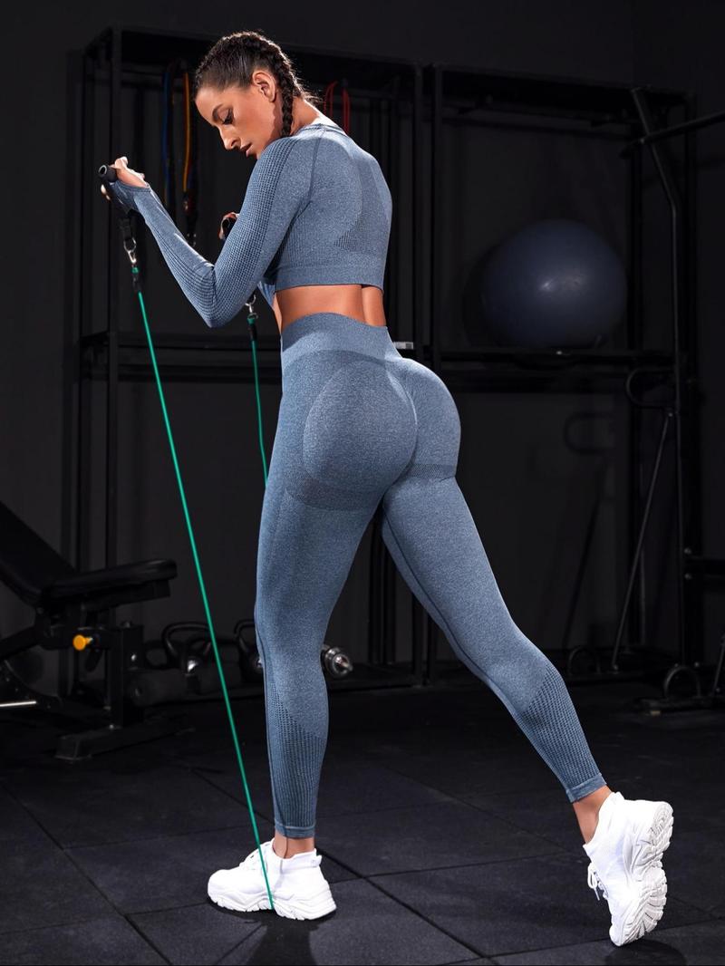 Two-piece Set Sporty Women's Plain Round Neck Crop Top & Ruched High Waist Leggings Tracksuit Set, Sport Comfy Breathable Two-piece Outfits for Yoga Gym Running, Ladies Sportswear for All Seasons, Activewear, Athletic Wear