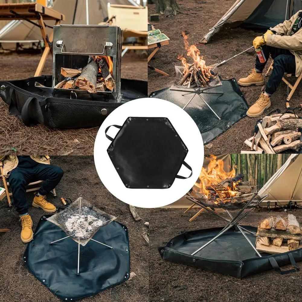 Fire Pit Fireproof Mat Hexagonal Foldable Firewood Bag Ember Mat Heat Resistant Fireproof Pad With Hanger Ear For Camping BBQ