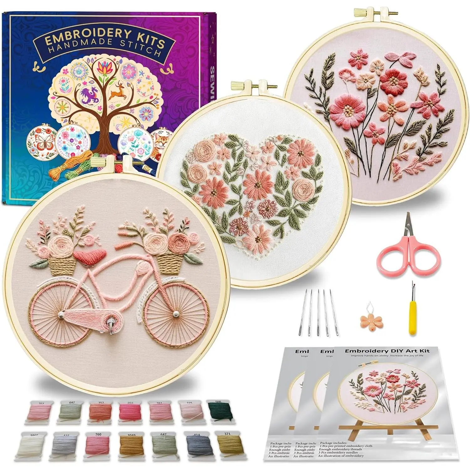 Embroidery Kit for Beginners with Tutorial Video & Gift Box | DIY Pre-printed Floral Patterns, 7.9×7.9 inch Fabric, Complete Embroidery Supplies for Craft LoversGift
