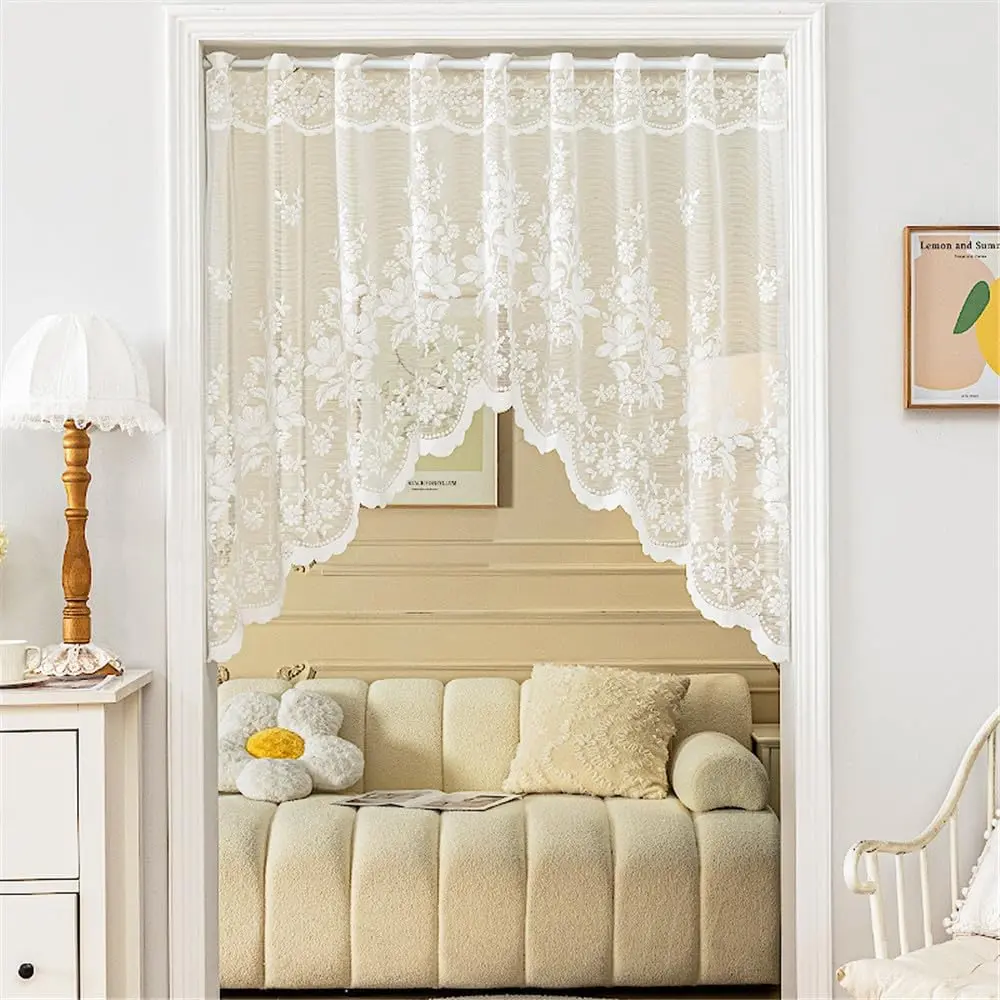 1pc Arched Shape Sheer Curtain - White Lace Floral Print Embroidery Rod Top, 1-Piece for Doorways/Windows, 63in W x 39in L, One-Piece, Rod Pocket